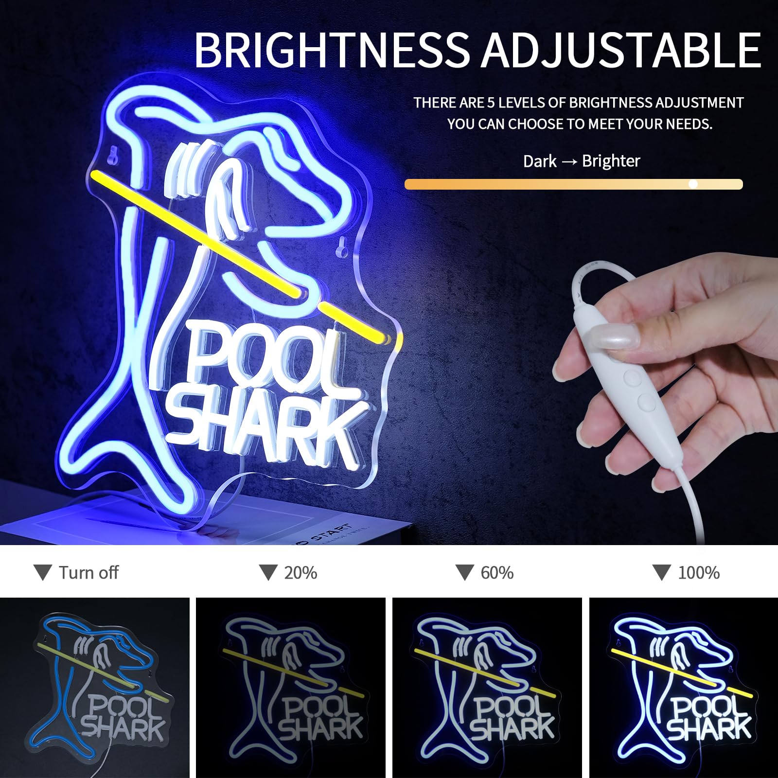 Virlusy Pool Shark Neon Sign For Wall Decor Dimmable Led Lights Signs Billiards Led Signs For Game Room Shark Neon Light Room Decor For Bar Pub Club Man Cave Decoration Boys Gift