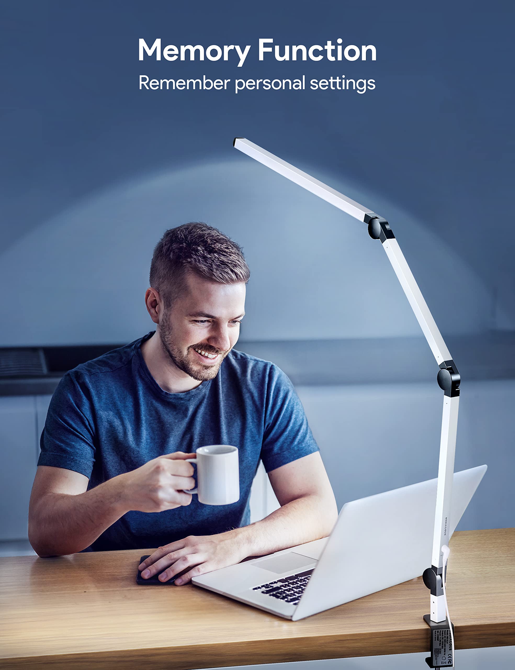 MediAcous LED Desk Lamp with Clamp, Dimmable 4 Color Modes, Eye-Caring, White, Model ME-DL02