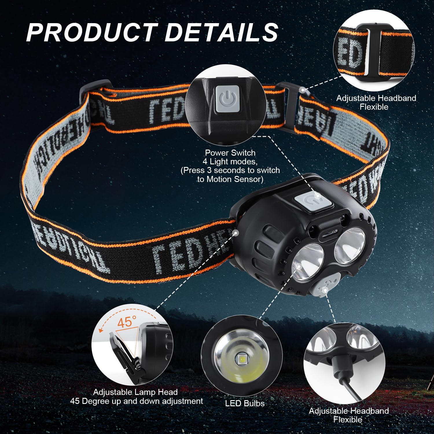 Ginlpd 2Pcs Rechargeable Headlamp, 1200 Lumen Super Bright Led Headlamp Flashlight For Adults & Kids, Waterproof Motion Sensor H