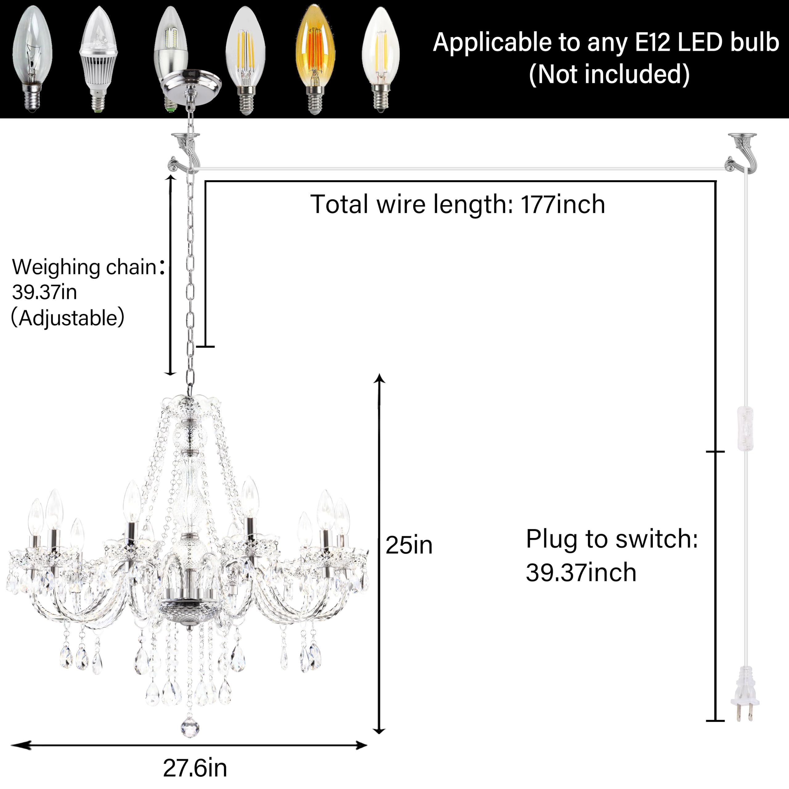 Papaya Plug In Crystal Chandeliers Clear Chandelier 25 * 27.5In 10-Light Modern Pendant Ceiling Lighting Fixture With Acrylic Cr