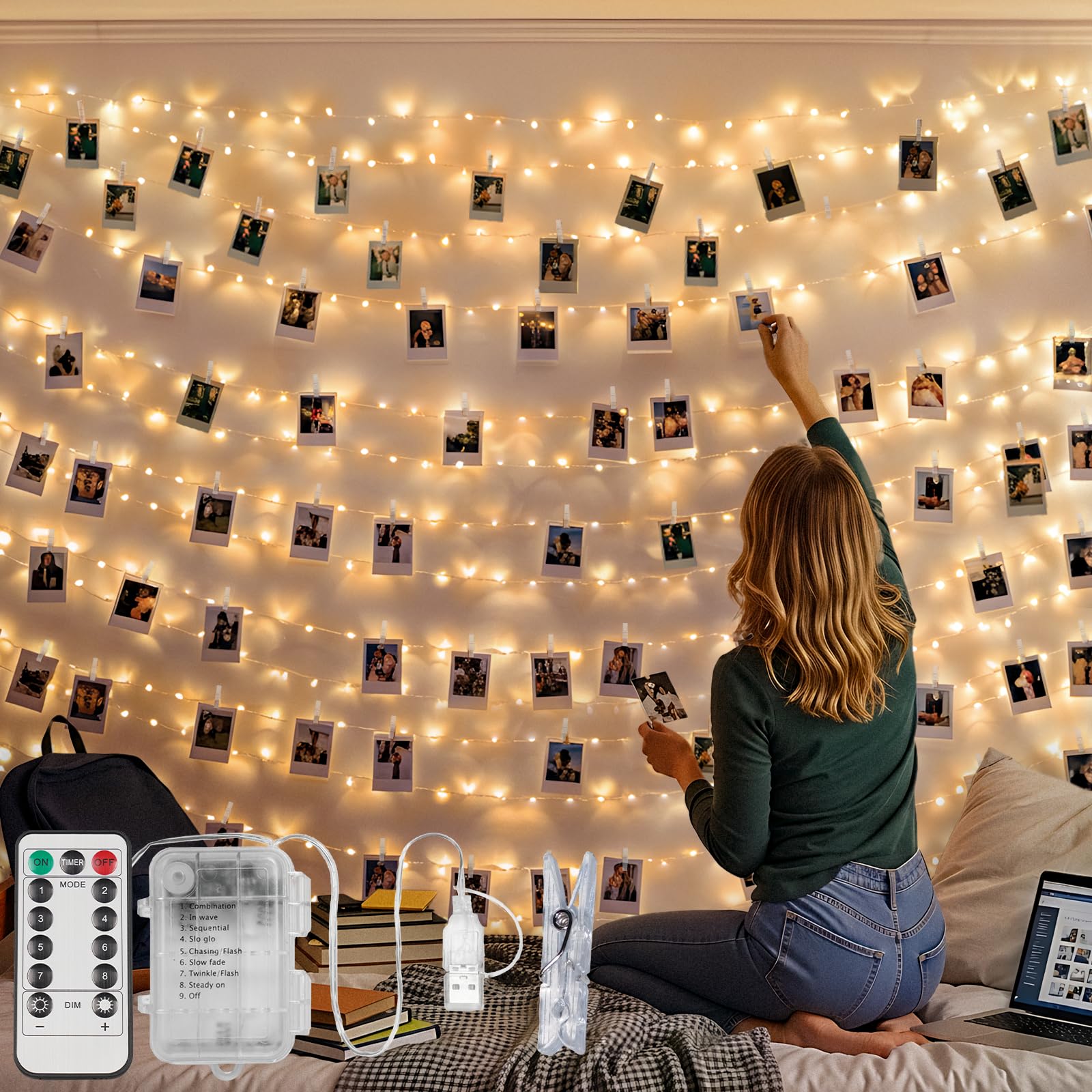 suddus 33ft 100 LED Fairy Lights with Clips for Pictures  Photo Lights with Remote USB Powered & Battery Operated with 45 Clear Clips  String Lights for Party  Bedroom  Decoration  Warm White