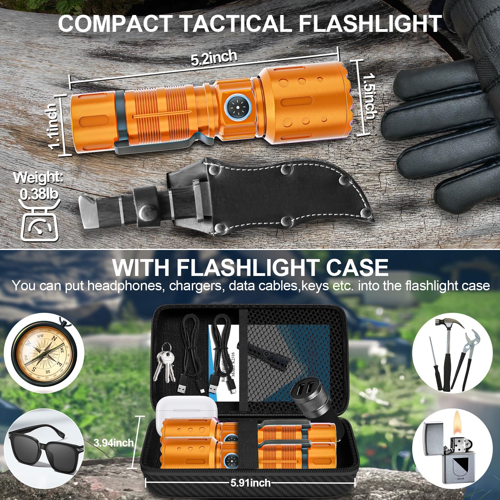 Flashlights High Lumens Rechargeable  20000 Lumens Super Bright 1500 Meters Long Range Small Powerful Flashlight  6 Modes Led Tactical Pocket Waterproof Flash Light For Home Emergency (2  Orange)