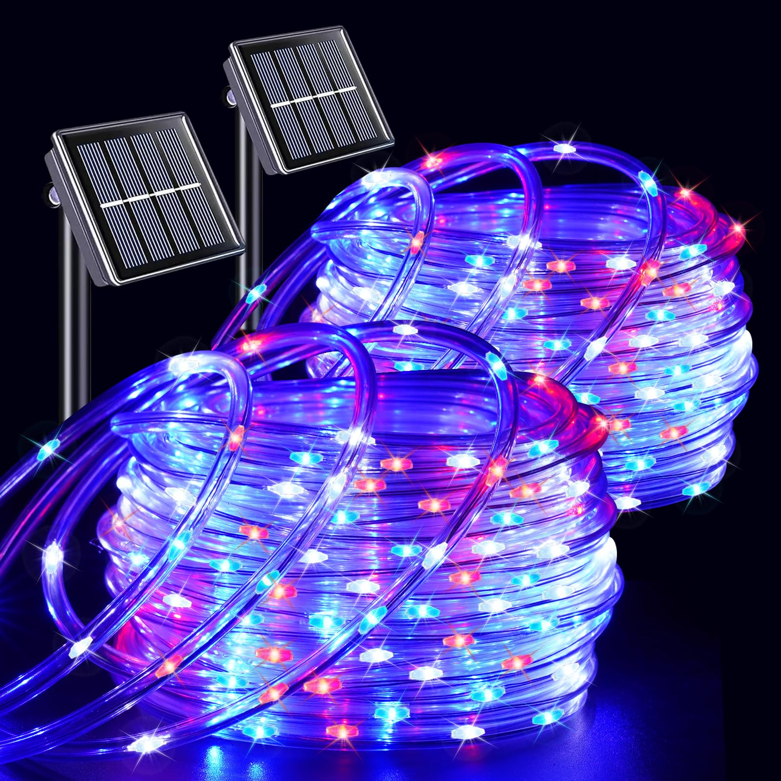 Yeguo 4Th Of July Decorations Red White And Blue Lights, 2 Packs Each 33Ft 100 Led Solar Rope Light With 8 Modes For Patriotic I