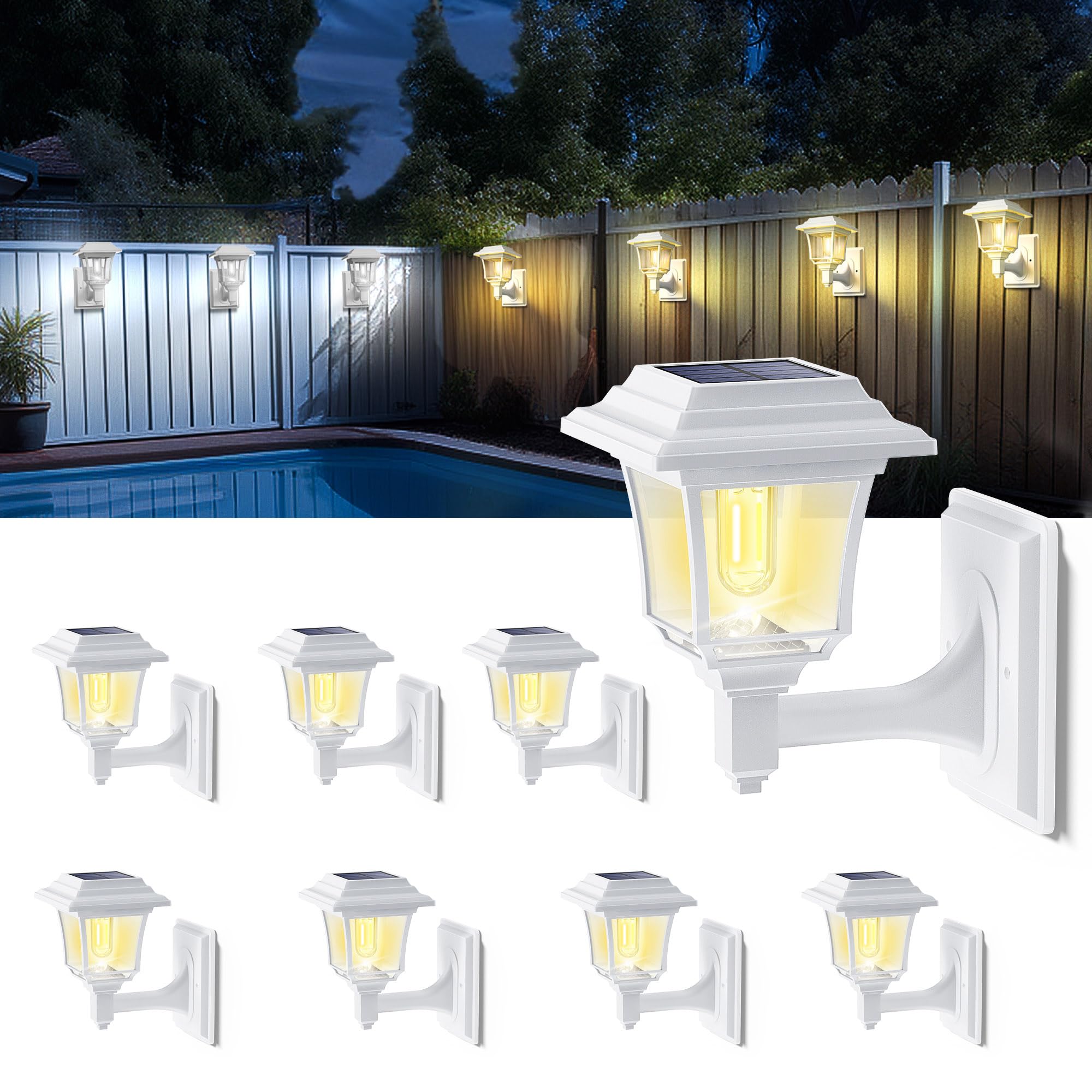 LeiDrail Solar Wall Lights, Waterproof LED 15 LM, 2 Modes, 8 Pack, White, Model LD031W-8PK