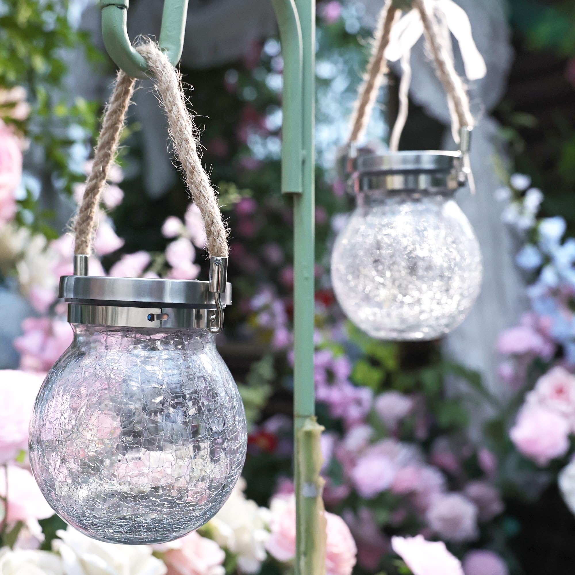 Cooo 2 Pack Solar Lanterns Outdoor Waterproof Hanging Crack Glass Lanterns 30 Led Fairy Lights Garden Patio Porch Yard Backyard