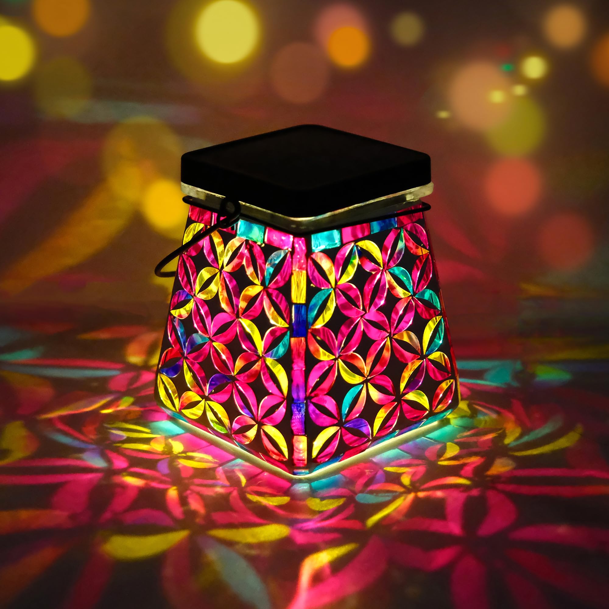 SAVENNA Mosaic Solar Lantern,Handcrafted Glass Hanging or Table Lantern,600mAh Long Lasting Light for Patio, Yard & Garden - Geo