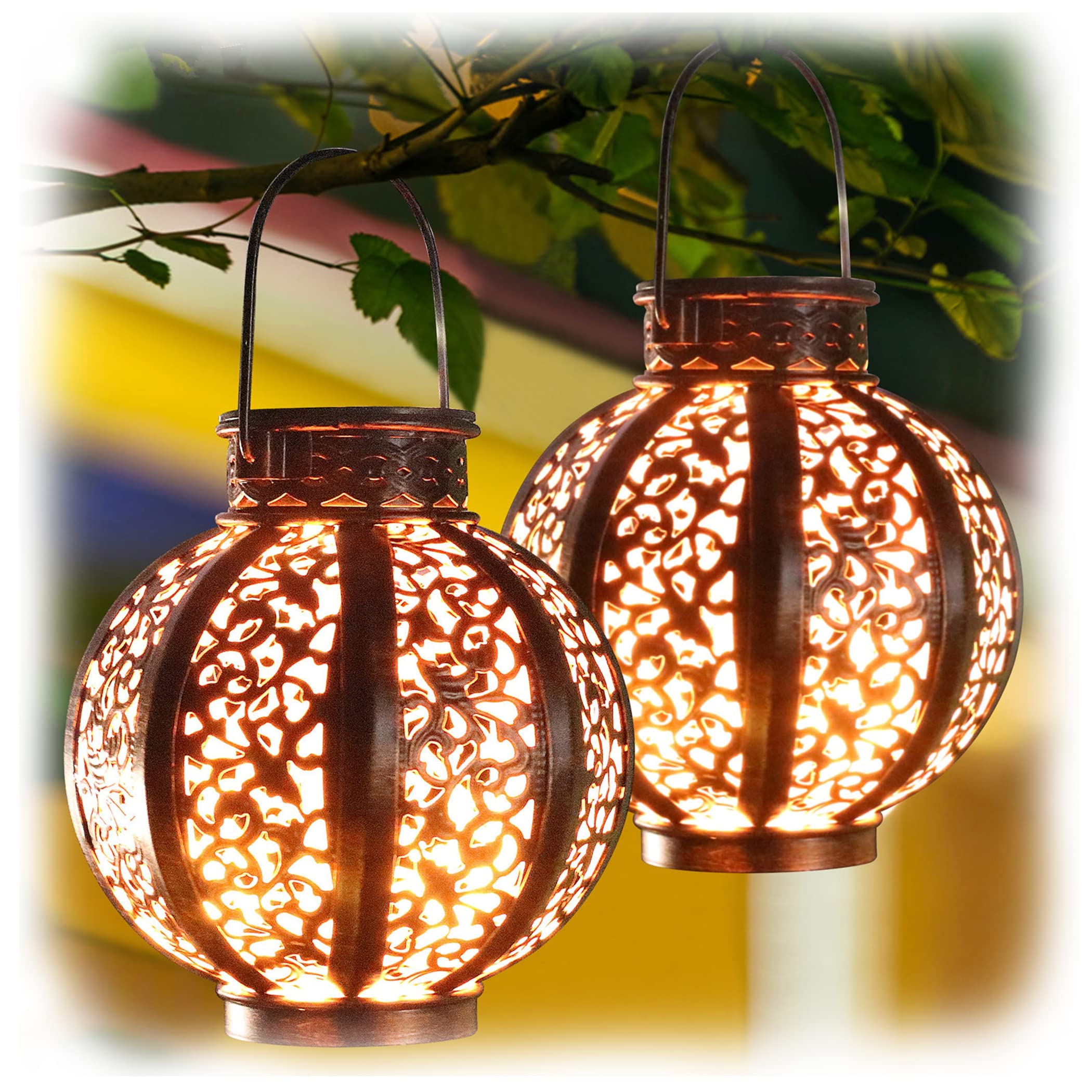 MAGGIFT 2 Pack Hanging Solar Lanterns Outdoor - Vintage Solar Powered Lantern for Outside - Waterproof Solar Lights for Yard Dec
