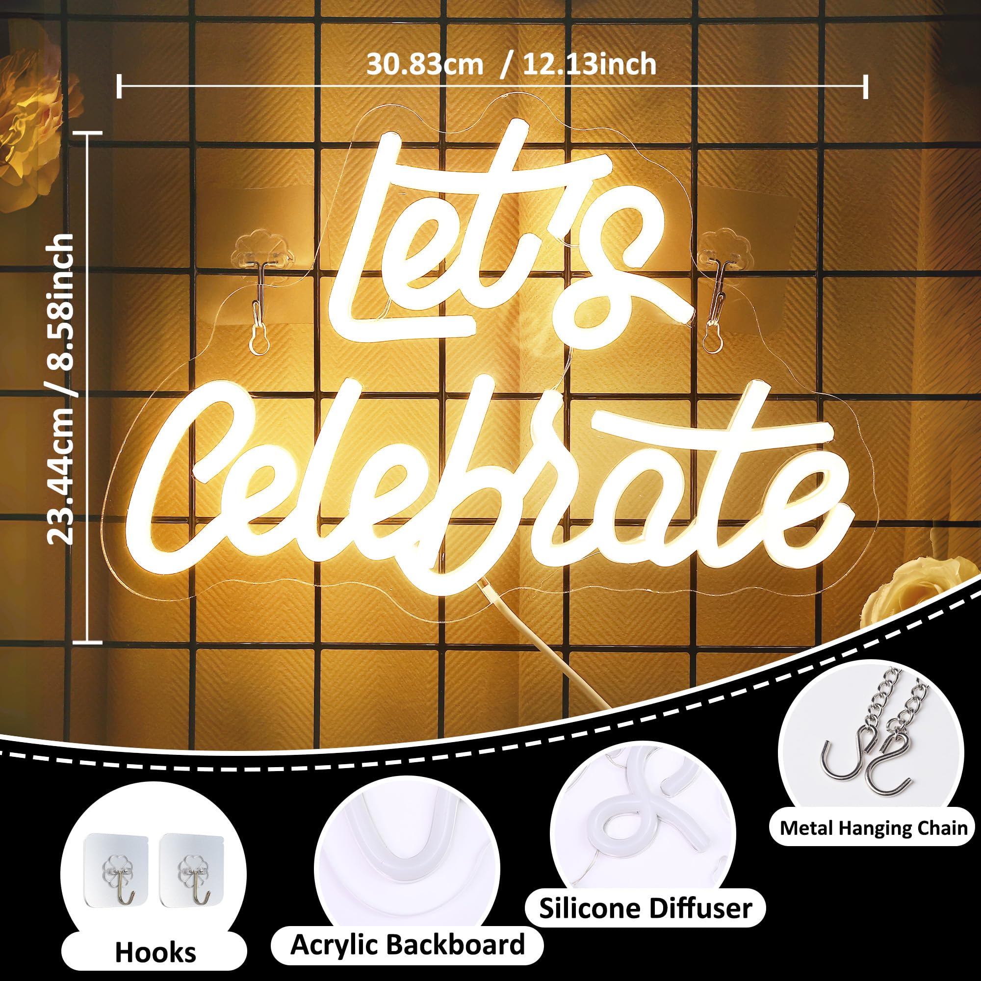 CoolGift Mart Lets Celebrate Neon Sign, Dimmable LED Light for Wall Decor, USB Powered, Aesthetic Decoration for Home, Bar, Bist