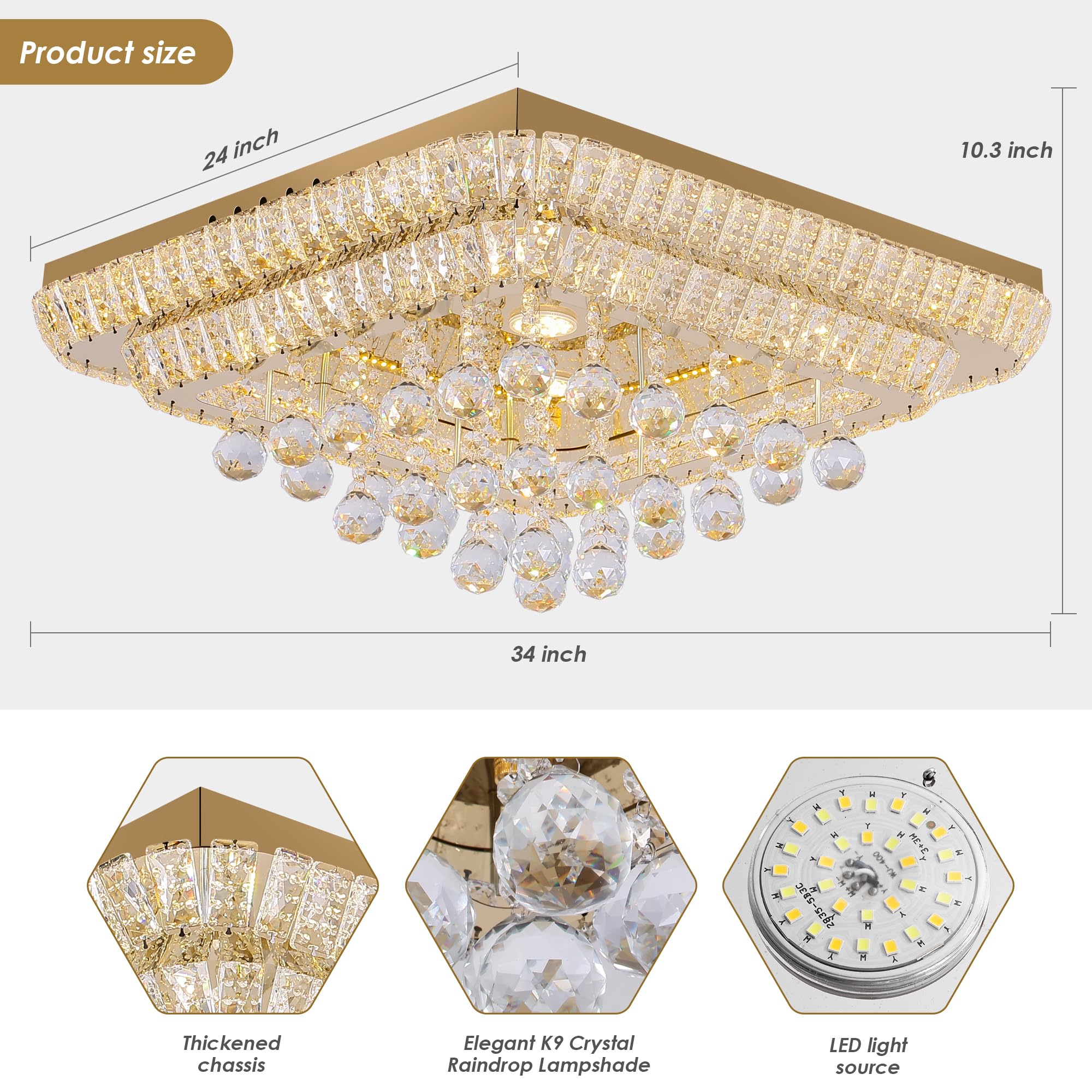 REDSTAR 24" Gold Crystal Ceiling Light Flush Mount, Remote & APP Control, Adjustable Brightness & Color Temp, Model A228-24-GD