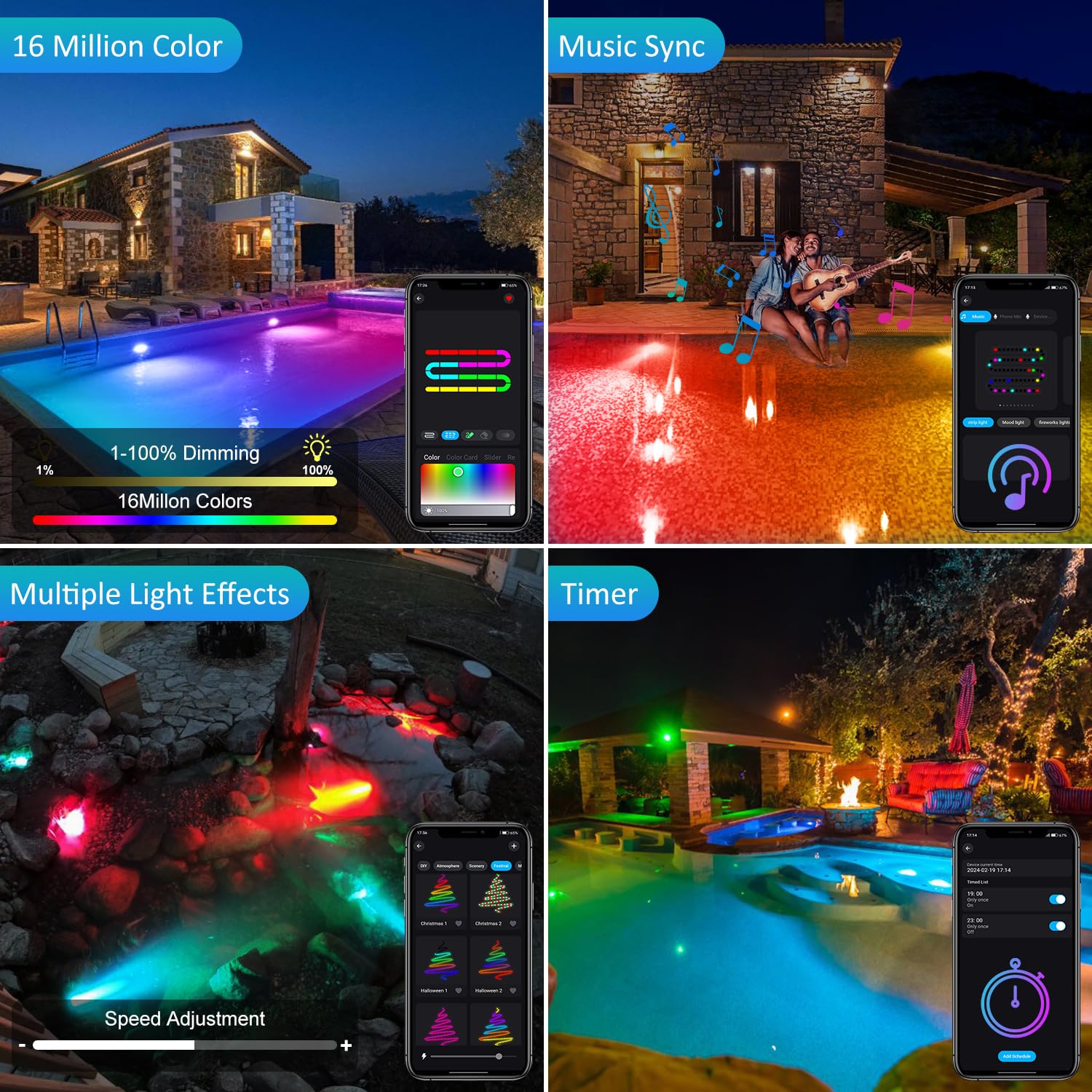 T-SUN Underwater Fountain Lights, RGB Color Changing, IP68 Waterproof, 5 Lights, Model TS-F2220-BT