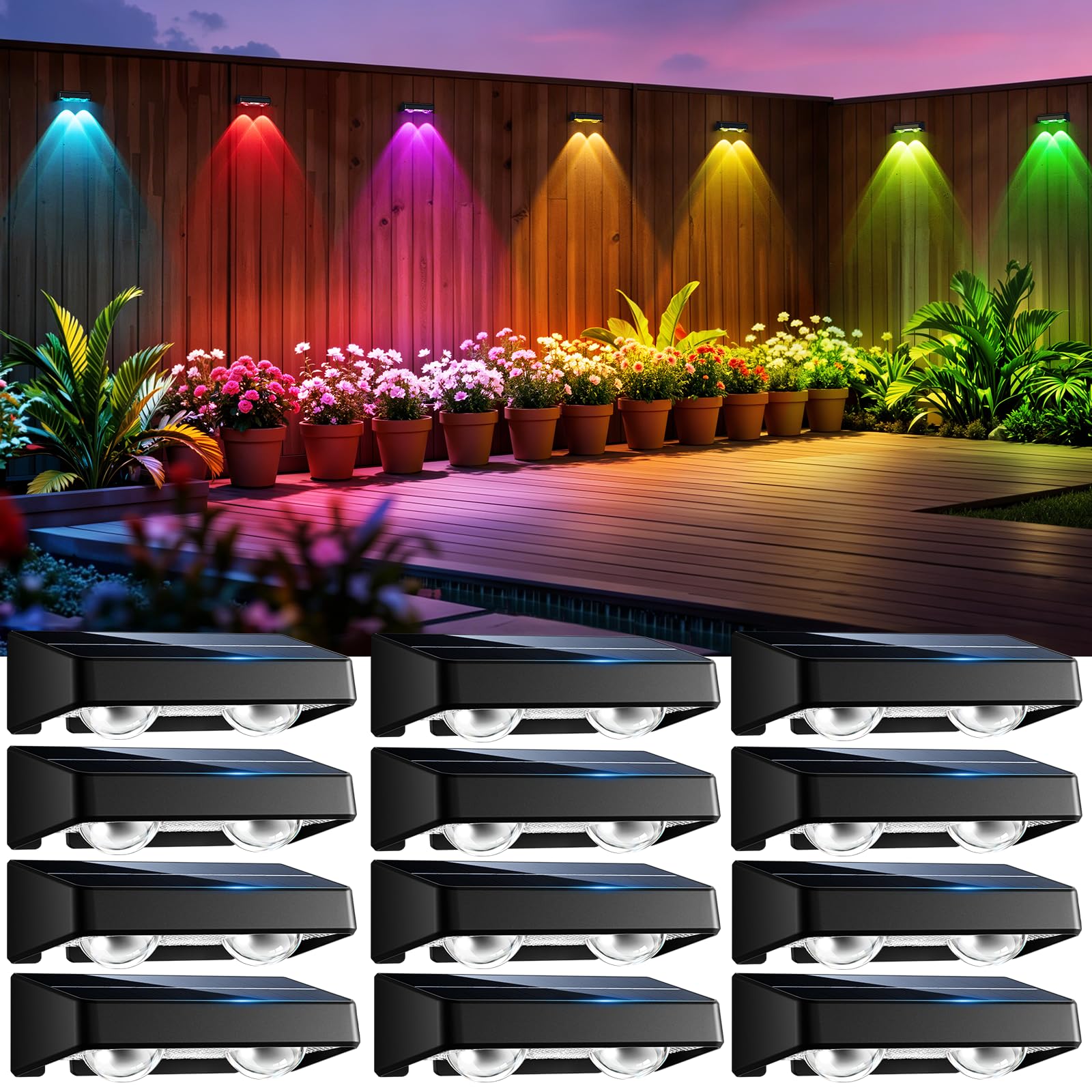 nibuuecer Solar Fence Lights Outdoor  12 Pack Color Changing Fence Lights Solar Powered with 9 RGB Colors & 11 Lighting Modes  IP65 Waterproof Dusk to Dawn Fence Lights for Patio  Deck  Wall  Backyard