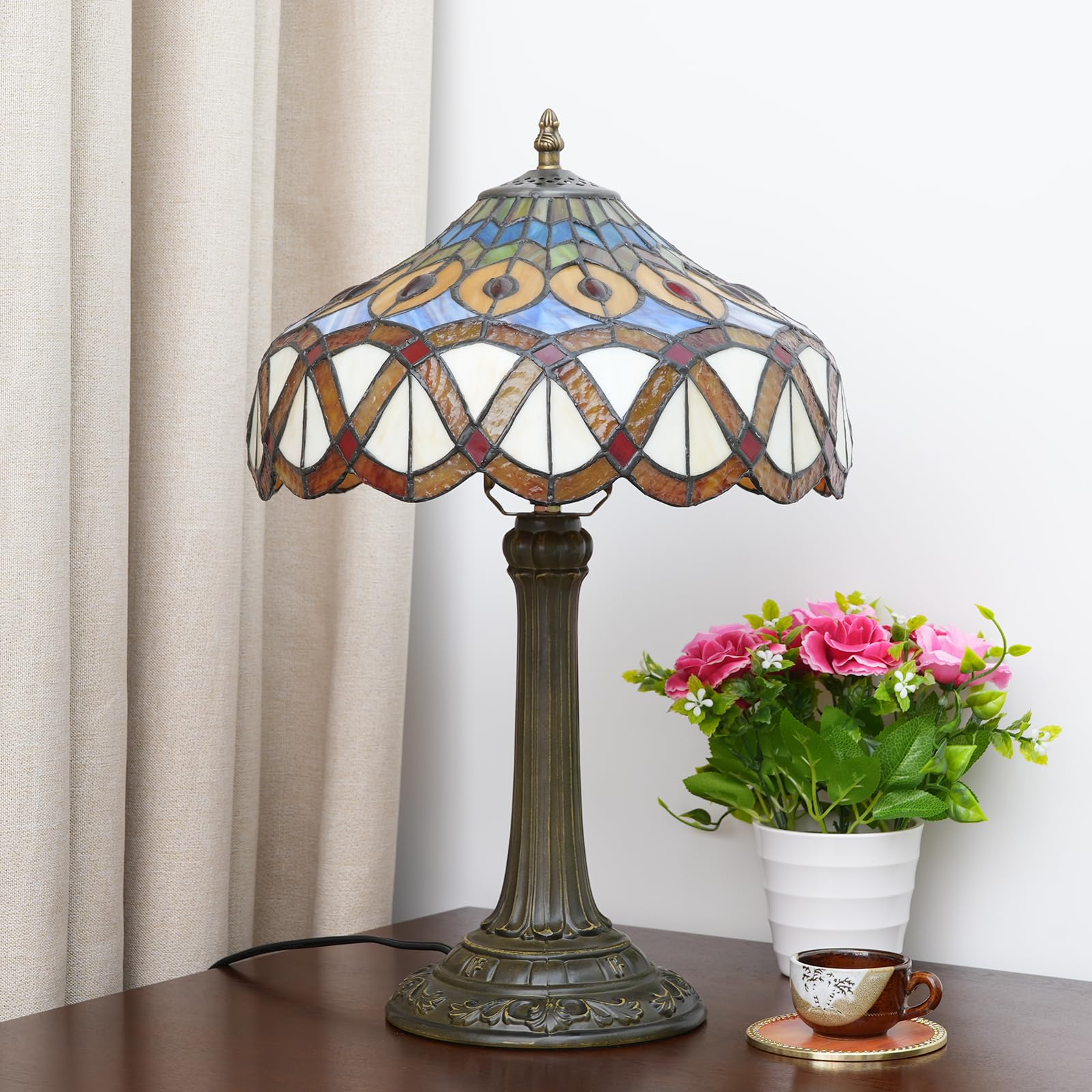 Blivuself Tiffany Lamp - Yellow Peacock Stained Glass Table Lamp, Small Vintage Handmade Design for Living Room & Office