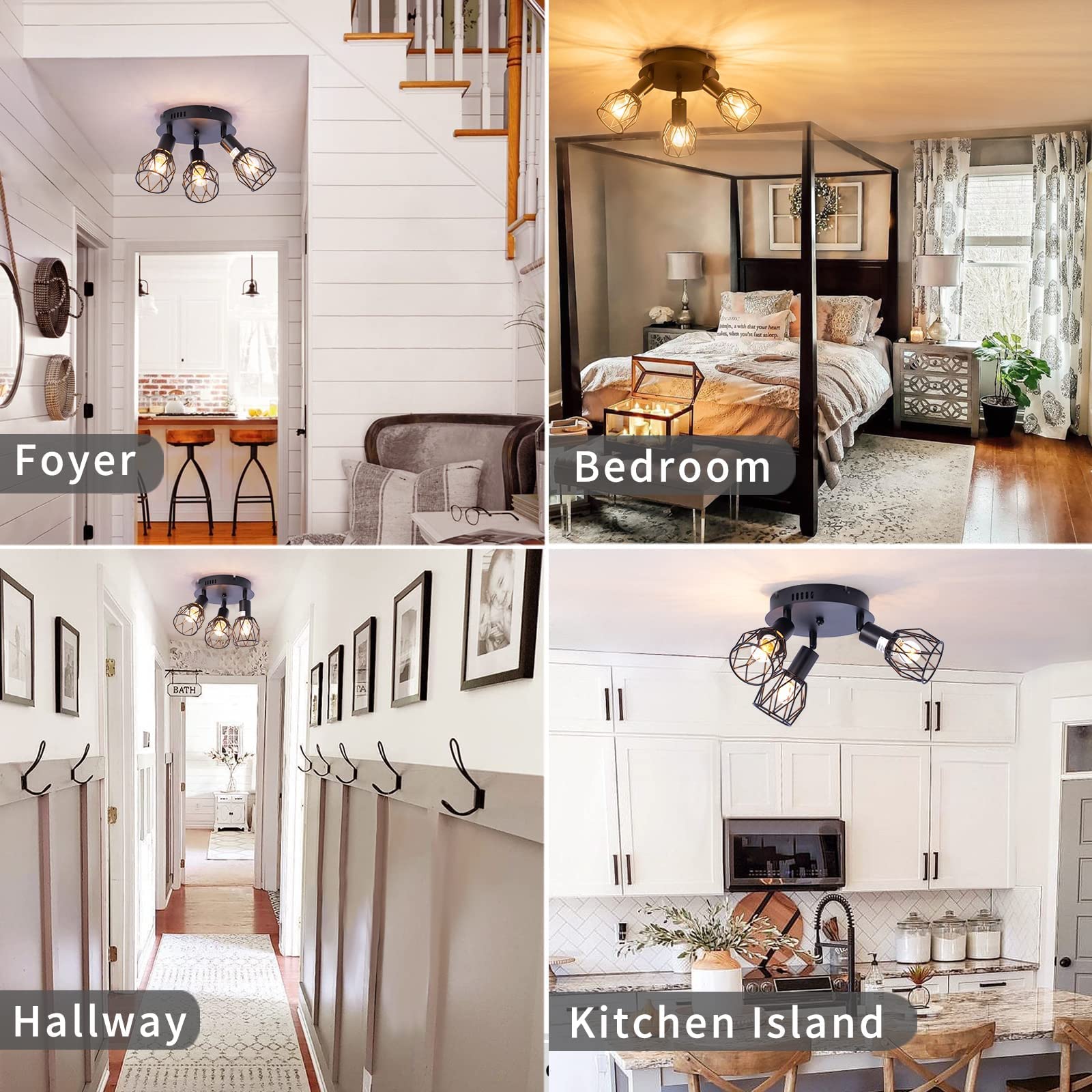 zhkung Industrial Semi Flush Mount Ceiling Light, 3-Light Vintage Black Metal Wire Cage, Model zhkung-001