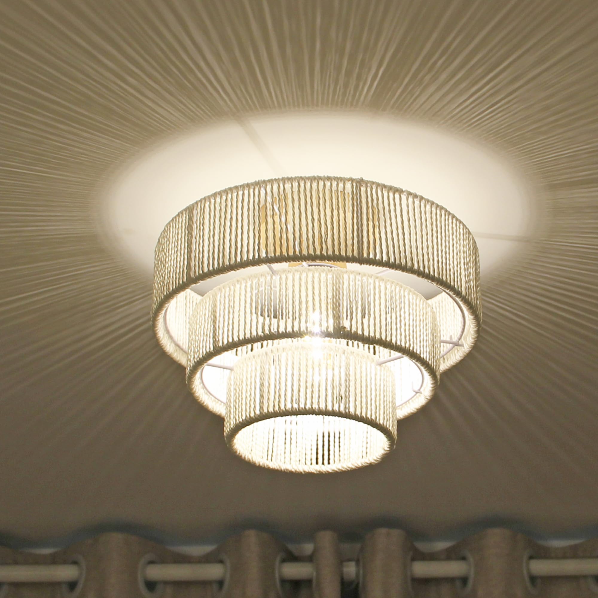 LigeroLuz Rattan Ceiling Light Fixture, Boho Design, LED Variable Bulb, 12.4in-Style B, White, Model CL-02