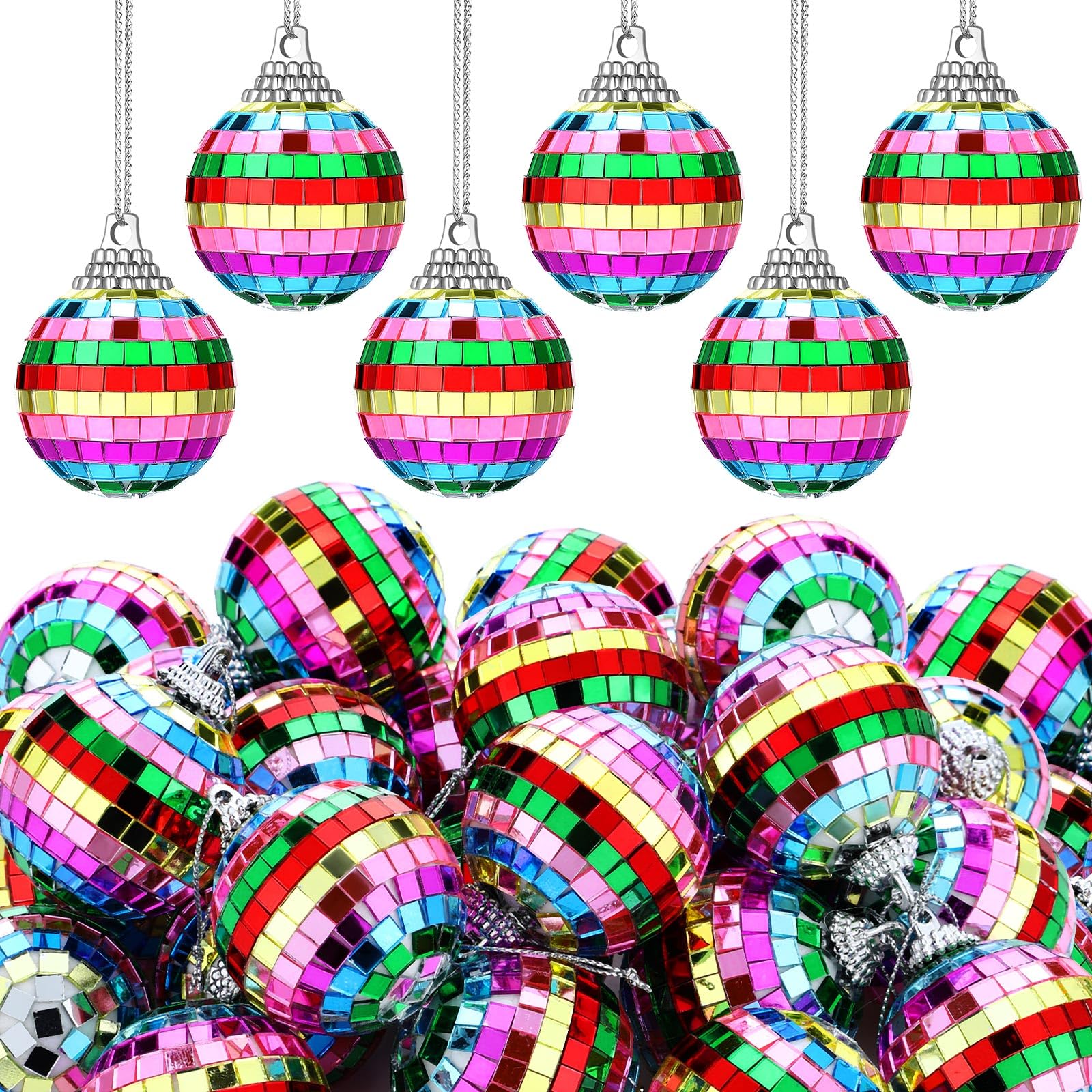 BBTO Mini Christmas Disco Balls - 24 Pieces, 1.18 Inch, Colorful Glass Hanging Decorations for Party and Tree Decor