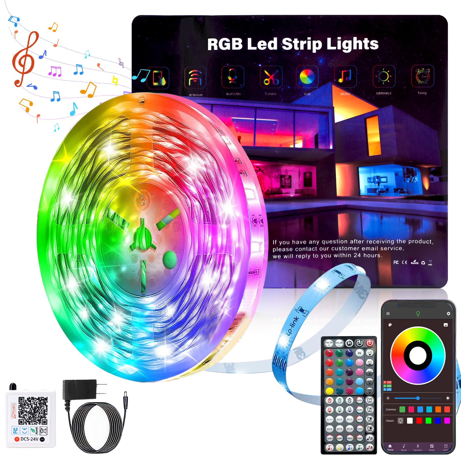 Ledagic Led Lights for Bedroom 50ft Color Changing RGB Led Strip Lights, DIY Music Sync Led Light Strip with Remote and App Cont