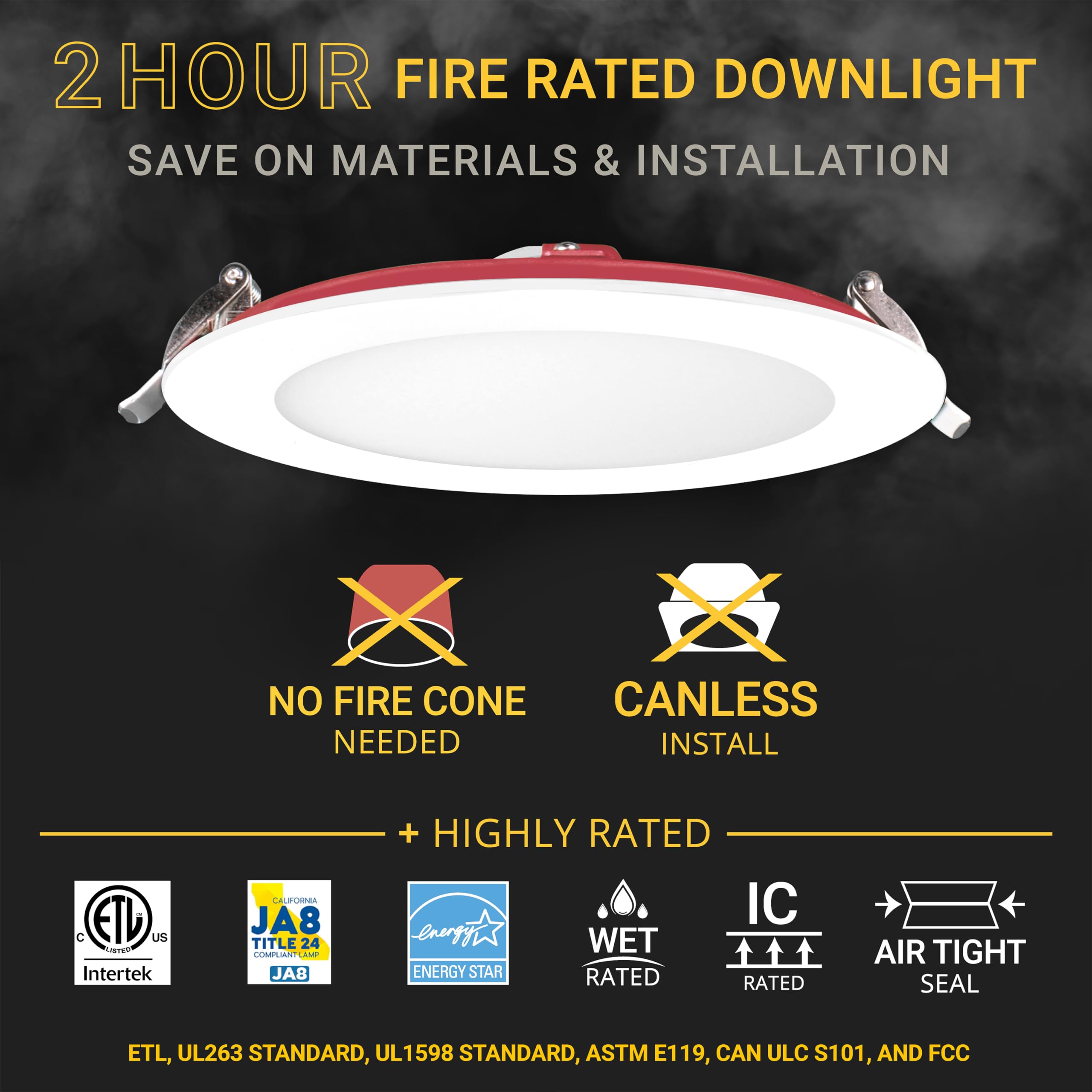 Nuwatt 6 Inch 2 Hour Fire Rated Ultra-Thin Led Recessed Light, Selectable 2700K/3000K/3500K/4000K/5000K, 1200 Lumens, Dimmable,