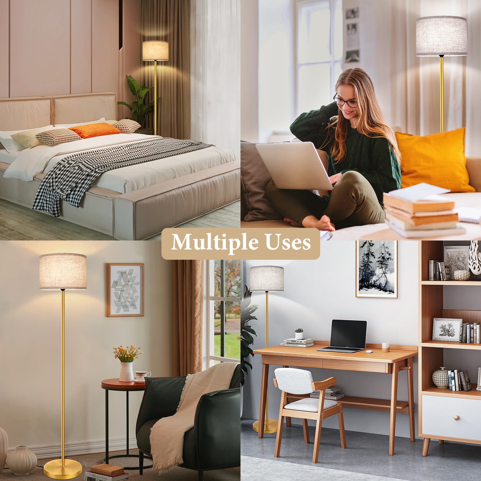 65? Gold Floor Lamp With 3-Color Temperatures Led Bulb, Modern Industrial Tall Lamp For Living Room, Minimalist Standing Lamp Wi