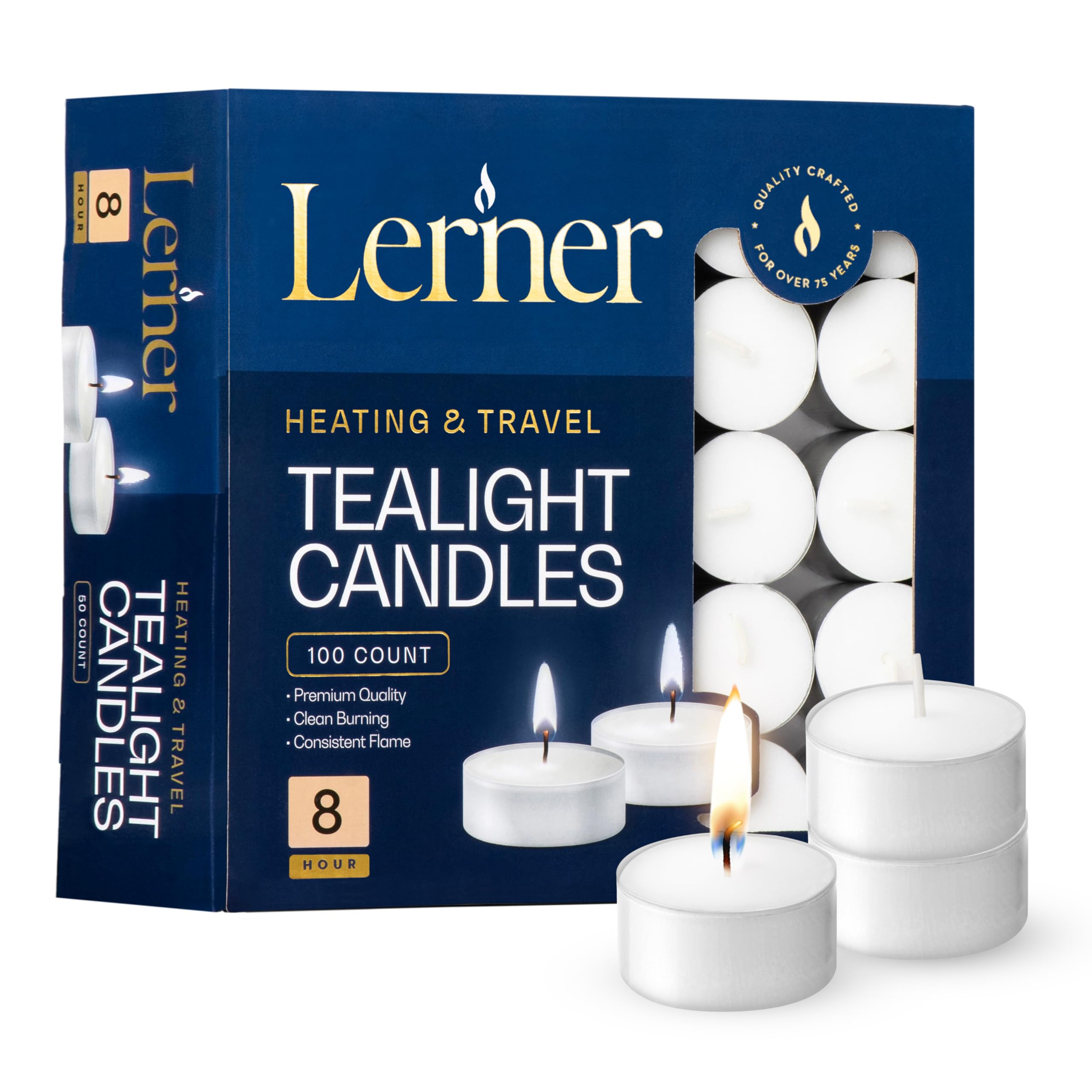 Lerner Tealight Candles  100 Count| 8 Hours Long-Burning White Tea Light Candles| Non-Toxic  Smokeless & Soot-Free Tea Light Warmer Candles | Unscented Party  D?Or  Shabbat Tea Candles