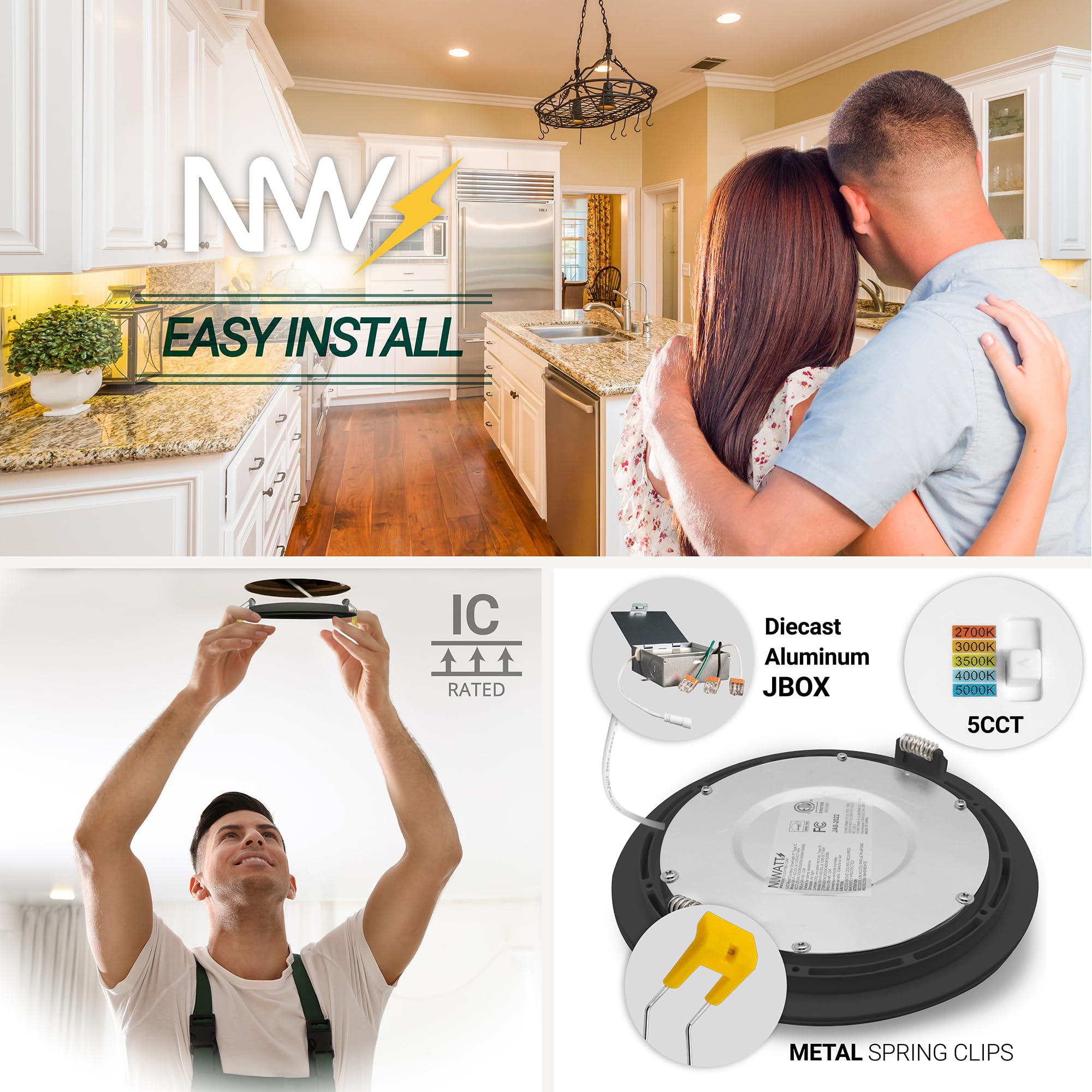 Nuwatt 6 Inch Black Gimbal Led Recessed Lighting Canless Wafer Lights, 5Cct 2700K/3000K/3500K/4000K/5000K, Dimmable, 1050Lm, 12W