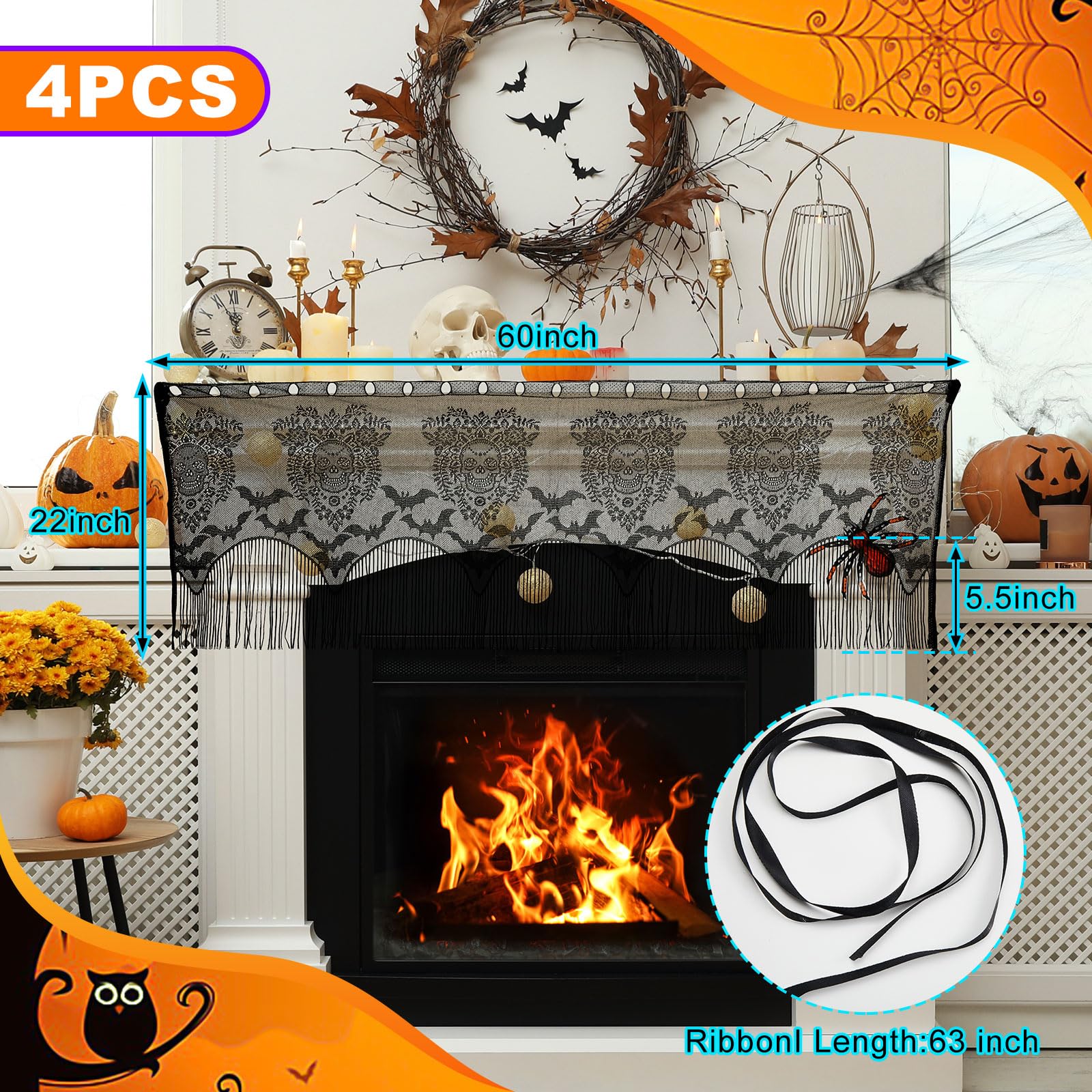 Baquler 4 Pcs Halloween Lamp Shade Cover Black Lace Lampshades Bat Skull Halloween Decorations For Halloween Party Supplies