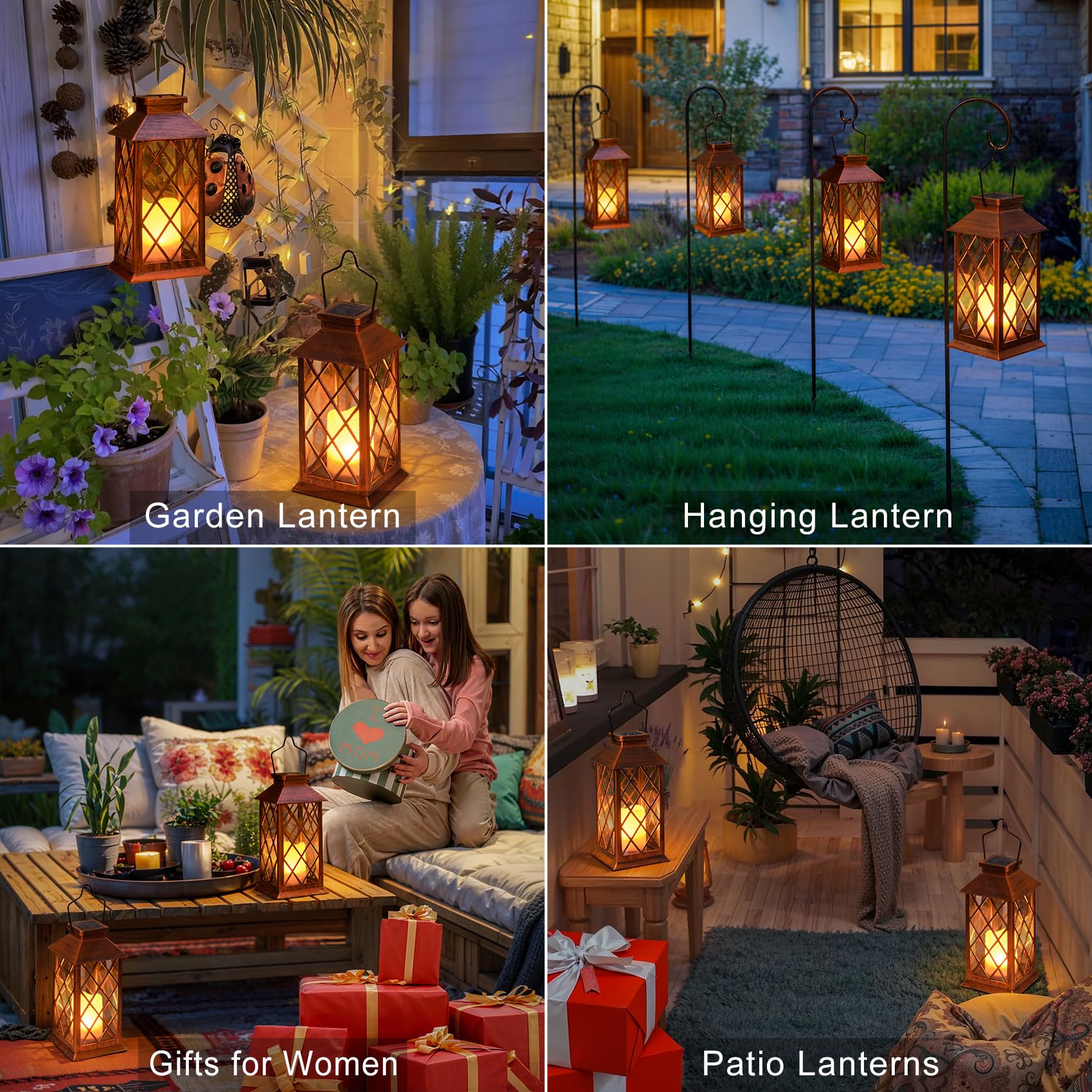 HOMEIMPRO 2Pack Solar Lanterns Waterproof Flameless Candle Lights 11in Medium Antique Copper