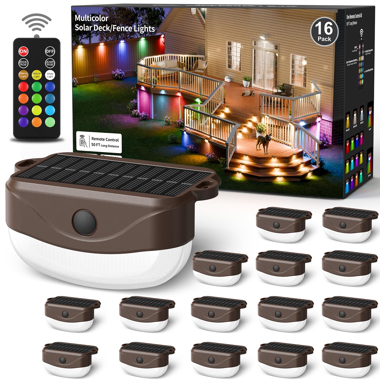 Hicotet Solar Fence Lights, 15 Multi Colors, IP67 Waterproof, 50ft, 16 Pack, Brown, Model LNM-WLD-01