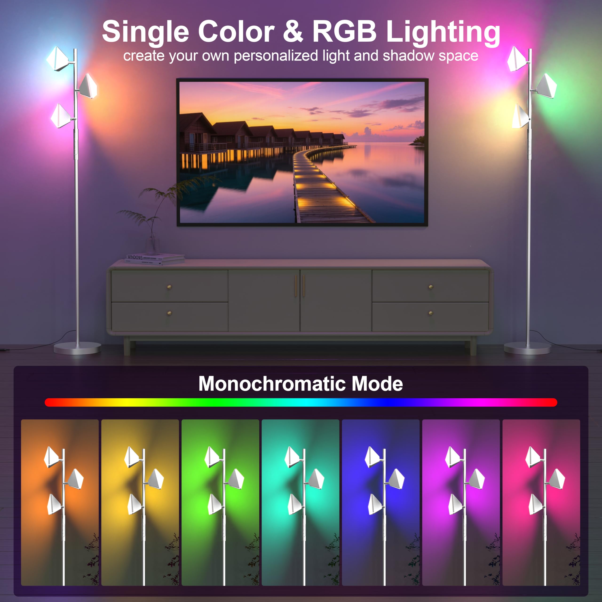 PARTPHONER RGB Tree Floor Lamp, Stepless Dimmable, Remote & Touch Control, Metal, Silver, Model FLA-036-A2-Silver
