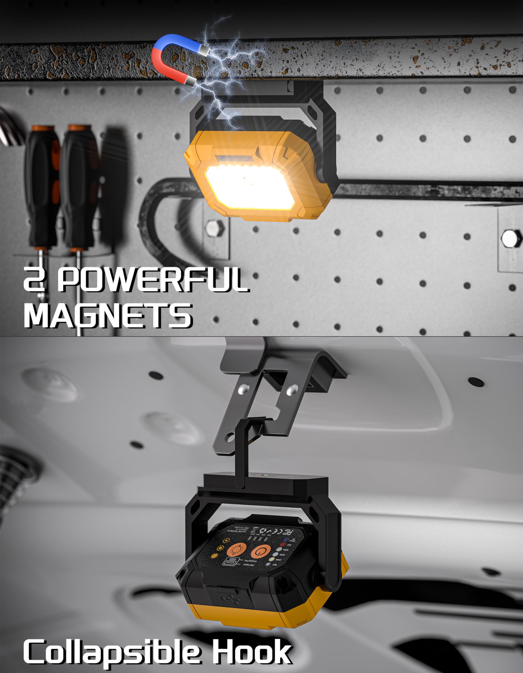 Keadeso 2Pack Magnetic Work Light, 1500Lm Led Work Light, 4000Mah Rechargeable Work Light With 360°Rotating Magnetic Stand & Hook, 15 Modes, Magnetic Flashlight For Car Repairing/Emergency/Camping