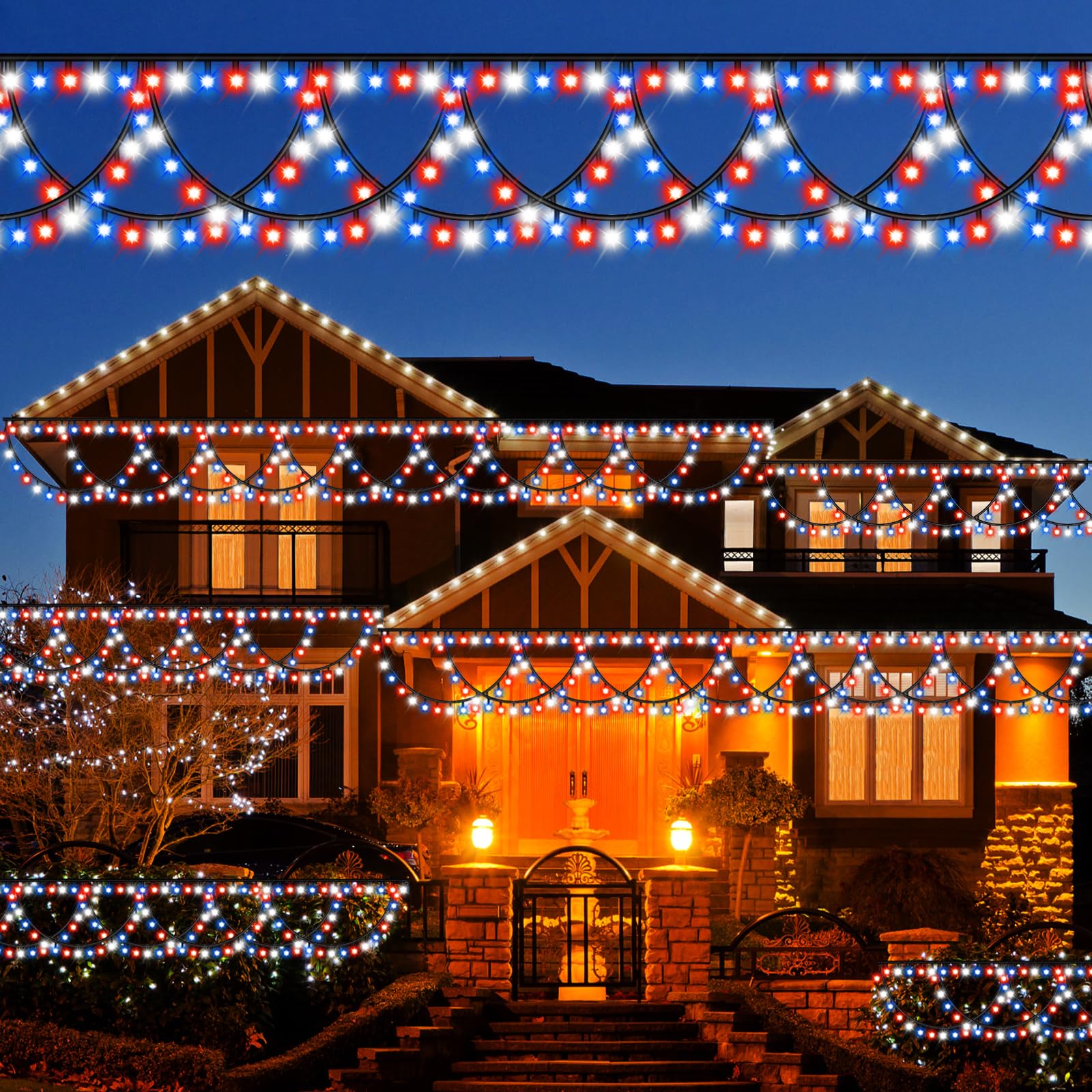 KAZOKU 4th of July Outdoor String Lights 40FT 380LED Waterpoof Red White Blue Semicircle String Lights 8 Lighting Modes Mermory 