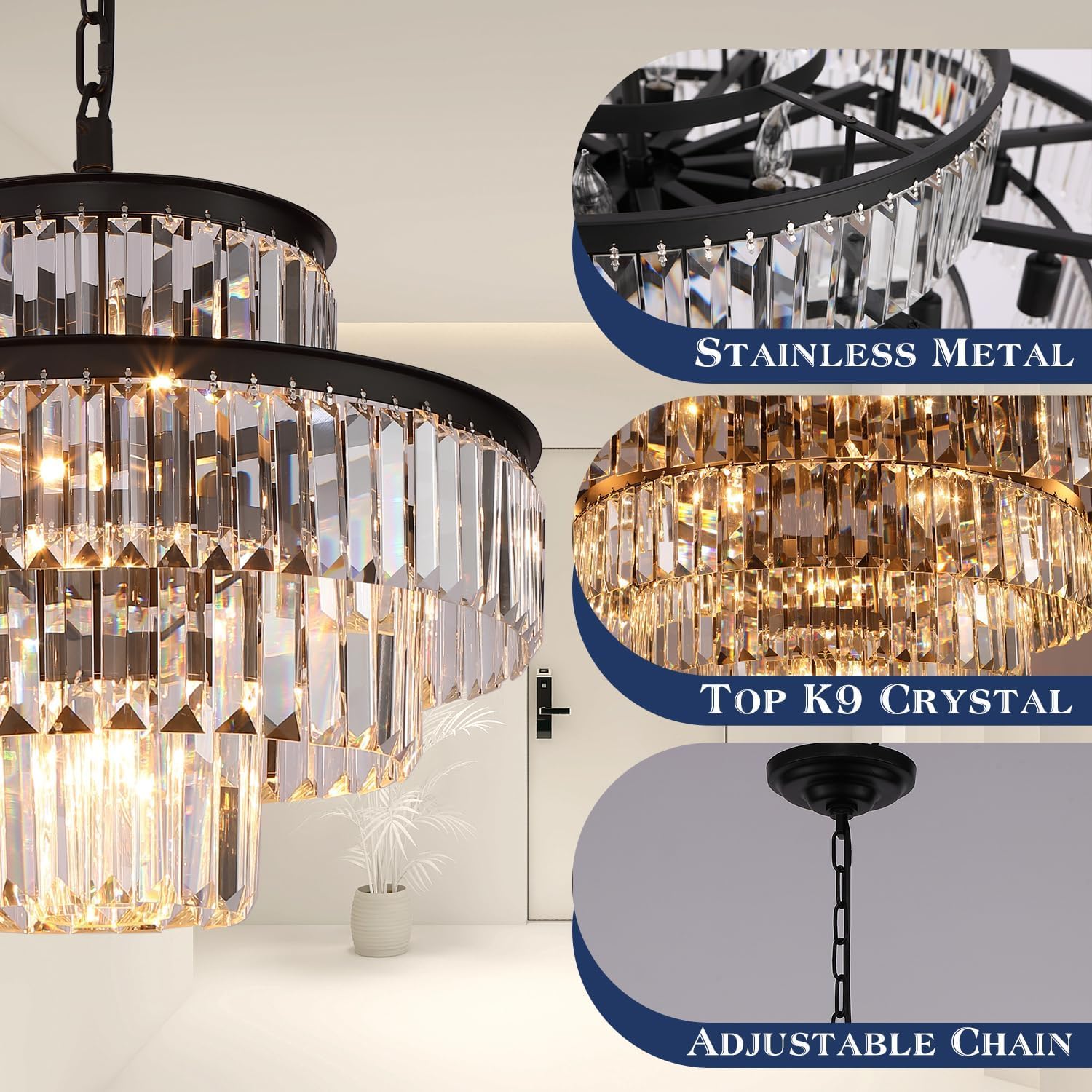 GMlixin Black Crystal Chandelier, Modern Pendant Light Fixture, 20 Inch, for Dining Room & Bedroom, Model GM2950-500-1