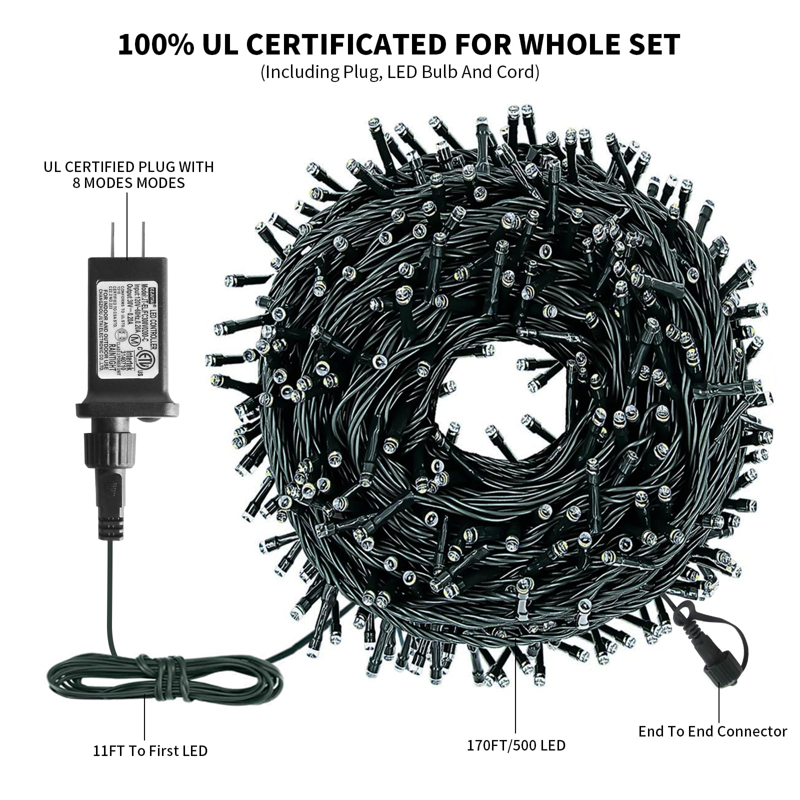 XTF2015 170FT LED Christmas String Lights, 8 Modes, UL Certified, Cool White, Model QL300IE, Indoor/Outdoor Fairy Lights