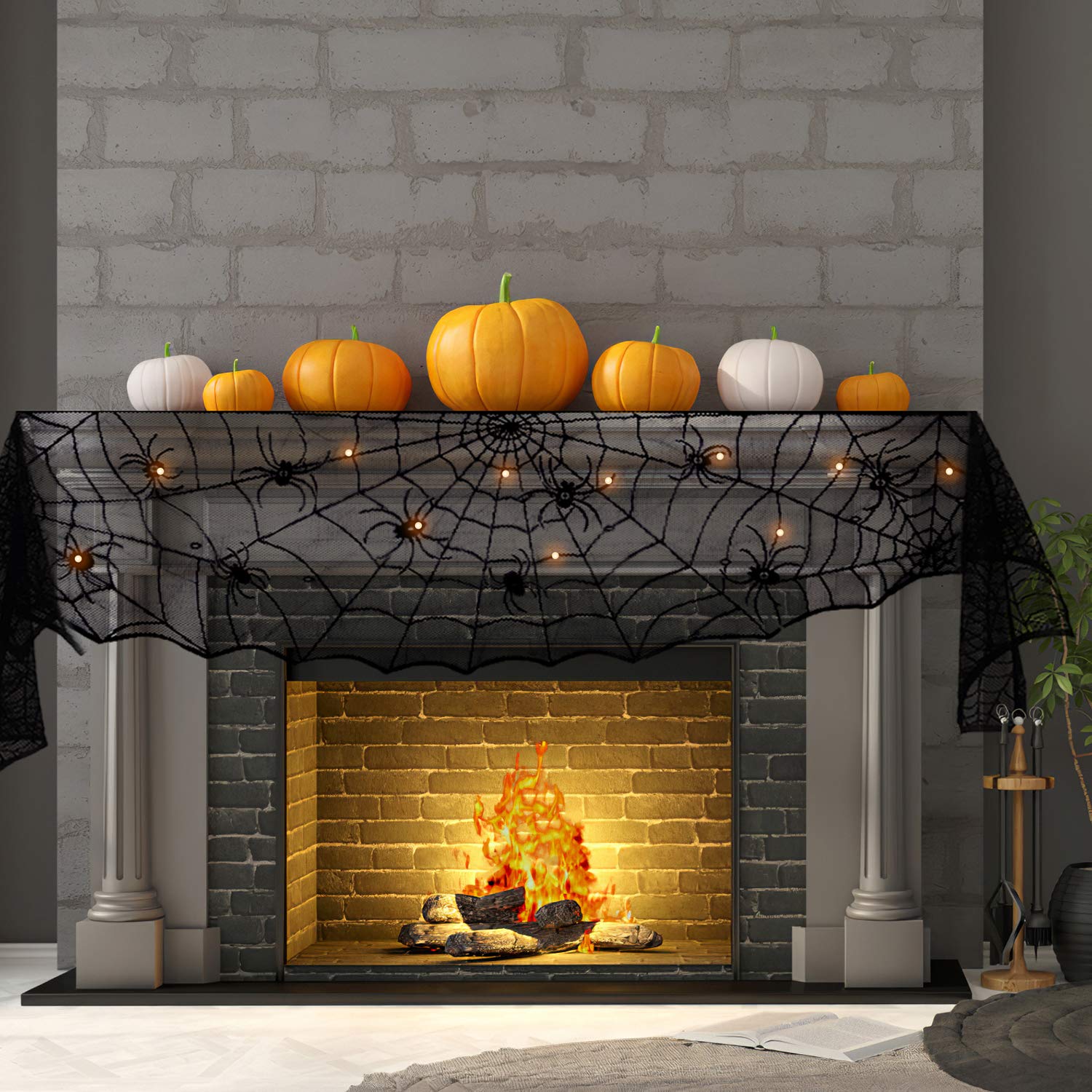 Fun Little Toys Halloween Decorations Indoor - Halloween Mantel With String Lights Lace Spiderweb Halloween Decor Inside For Home Party Supplies (18 X 96 Inch)