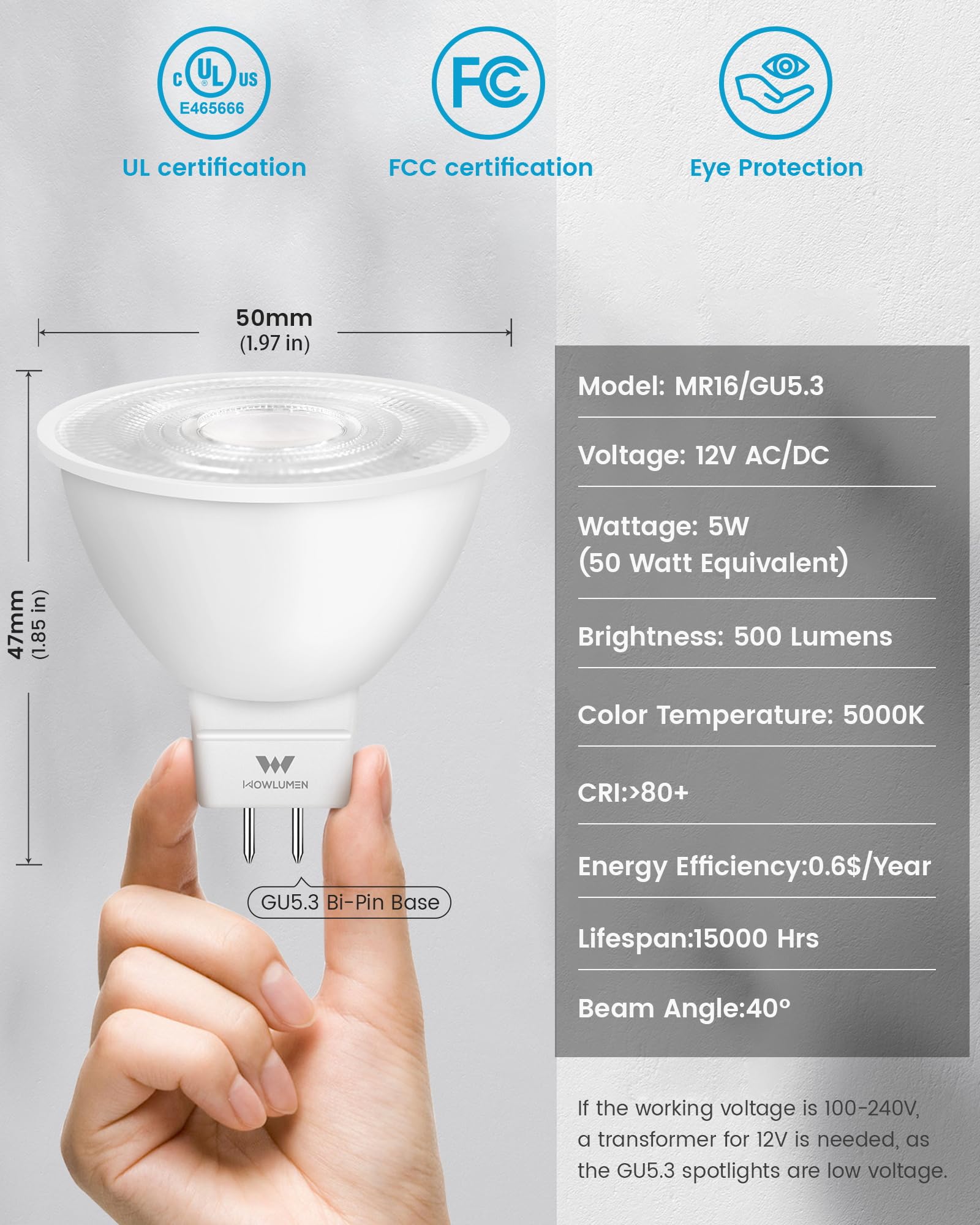 Wowlumen Mr16 Led Bulbs, 5W Led Light Bulb(50W Equivalent), 5000K Daylight, 500 Lumens, Dimmable, Gu5.3 Bi-Pin Base, Energy Savi
