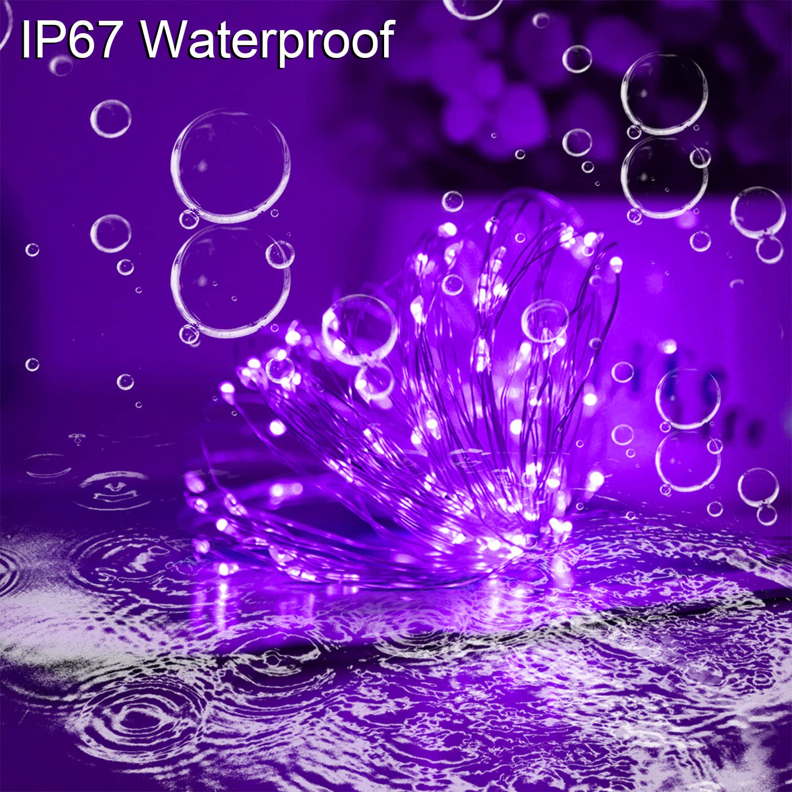 YAOZHOU Solar String Lights, 100 LED, Copper, 8 Modes, Waterproof, Purple, 2 Pack