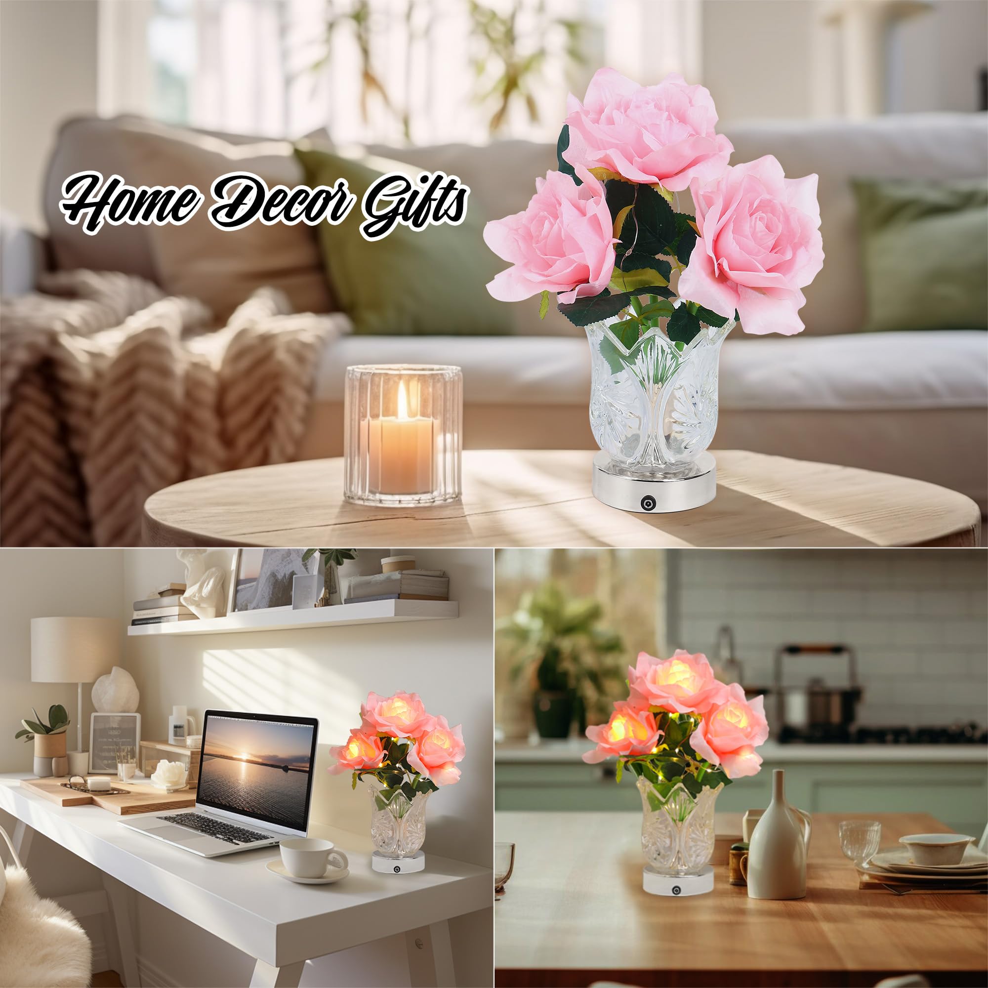 Artificial Pink Rose Led Lamp For Womens Gifts, Pink Rose Night Light For Relaxation And Serenity, Womens Mom Wife Friends Mom D