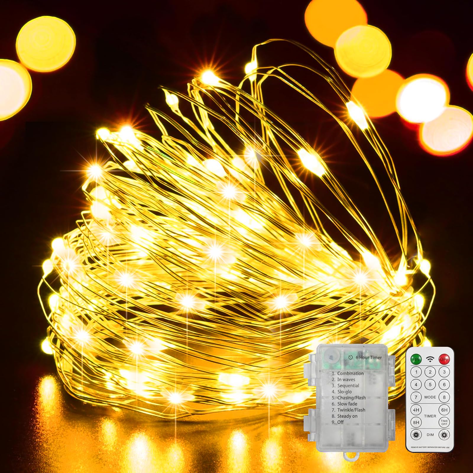 LAMPHOME 100 LED 33FT Fairy Lights Battery Operated with Remote  Mini Starry String Lights Multi Functions & Timer  Twinkle Light for Christmas Home Bedroom Wedding DIY Centerpiece Decor Yellow