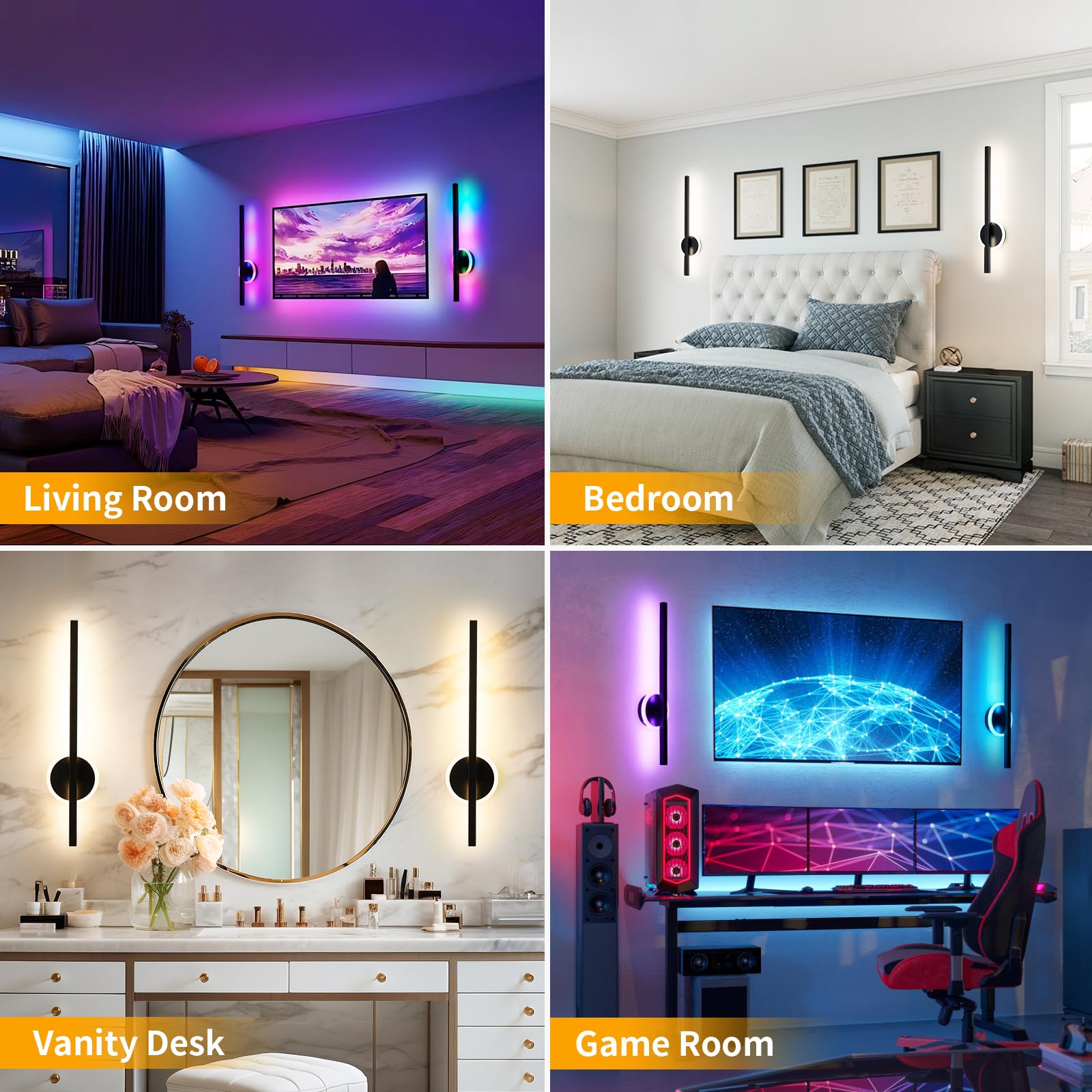 Lumiquesce Wall Sconces Set of 2, RGB LED Lights with Remote, 24 Inch, Black, Model 7105