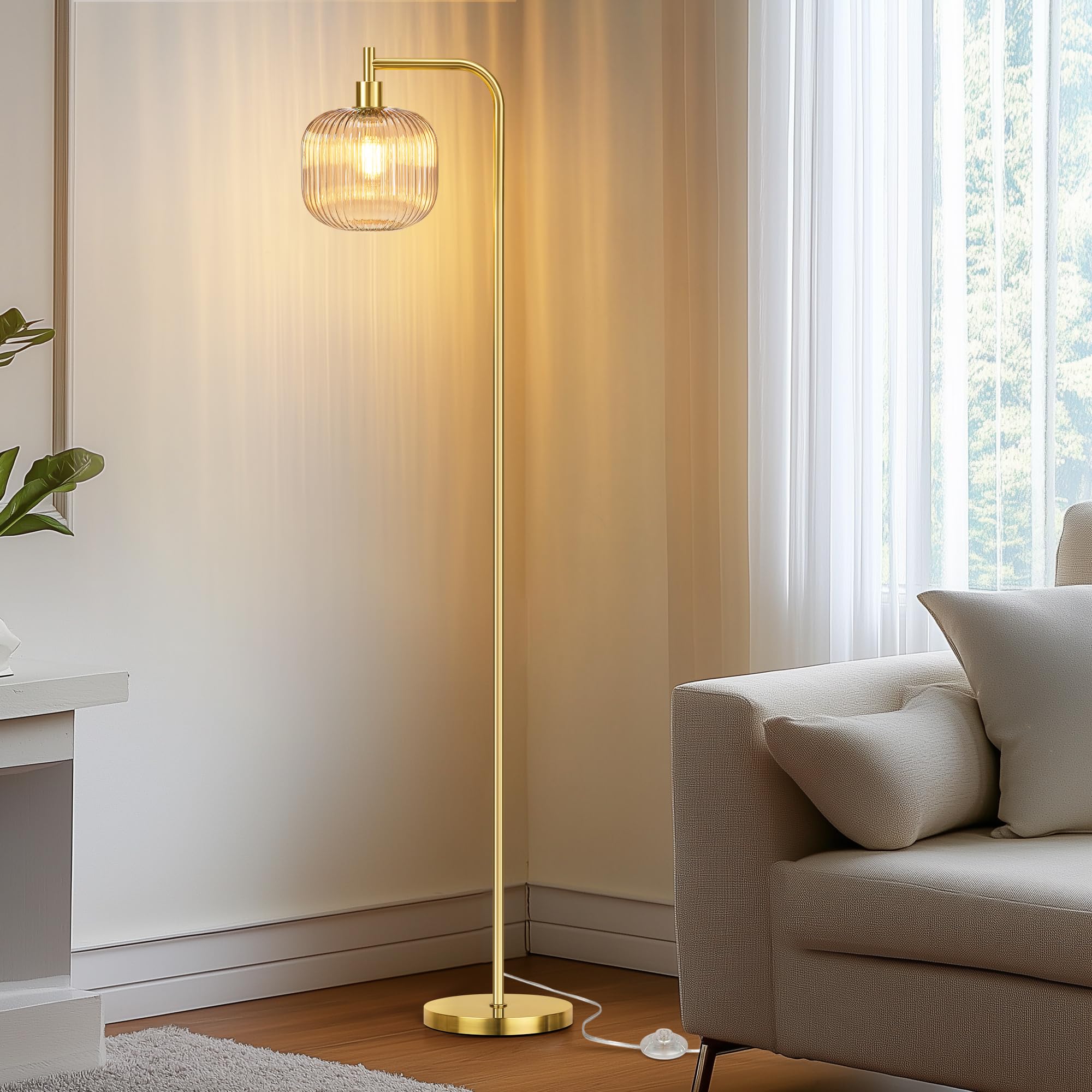 QiMH Modern Glass Floor Lamp, 67” Tall, Brushed Gold & Champagne, Ribbed Lampshade, Includes 2700K LED Bulb, Model STR-FL-0096