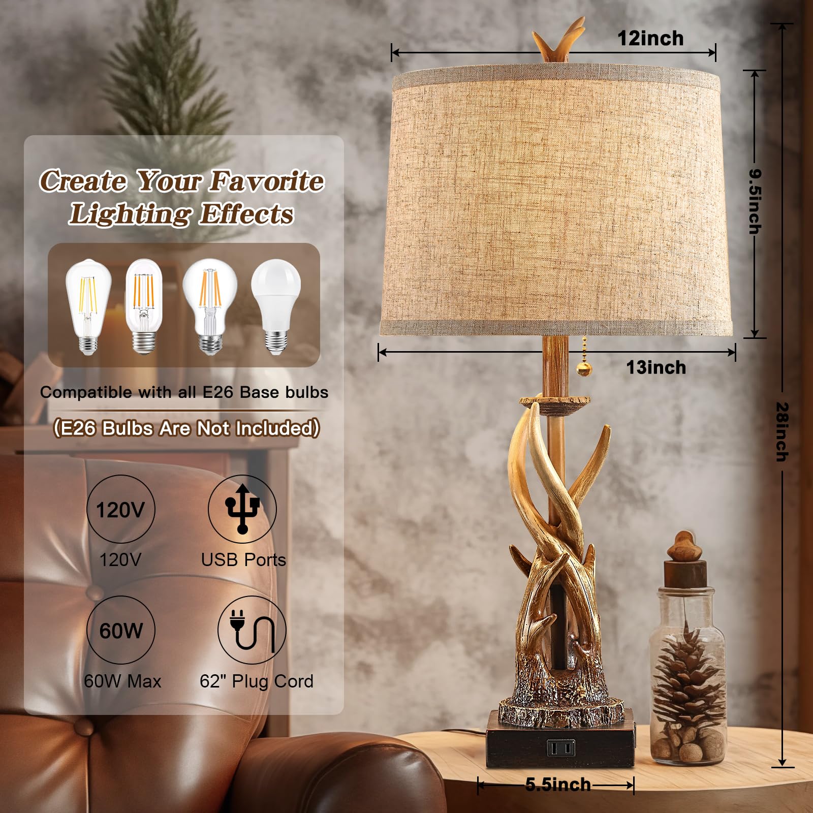 Bowobo Rustic Deer Antler Table Lamps Set Of 2 For Bedroom Farmhouse Bedside Lamps With Usb A+C Ports For Living Room End Table