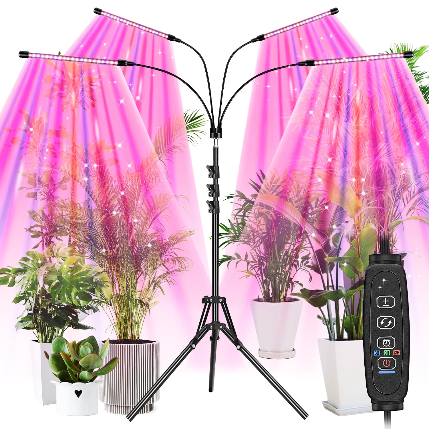 DKSPCM Grow Lights for Indoor Plants,4 Heads 6000K Red Blue Plant Light with 3/9/12H, Indoor Grow Lamp with Auto On/Off Timer Fu
