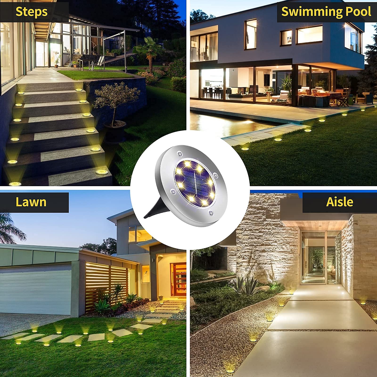 Aogist Solar Ground Lights, 12 Pack, 8 LED Waterproof Disk Lights, Stainless Steel, Warm White for Pathway, Yard, Lawn - Model DMD-1214