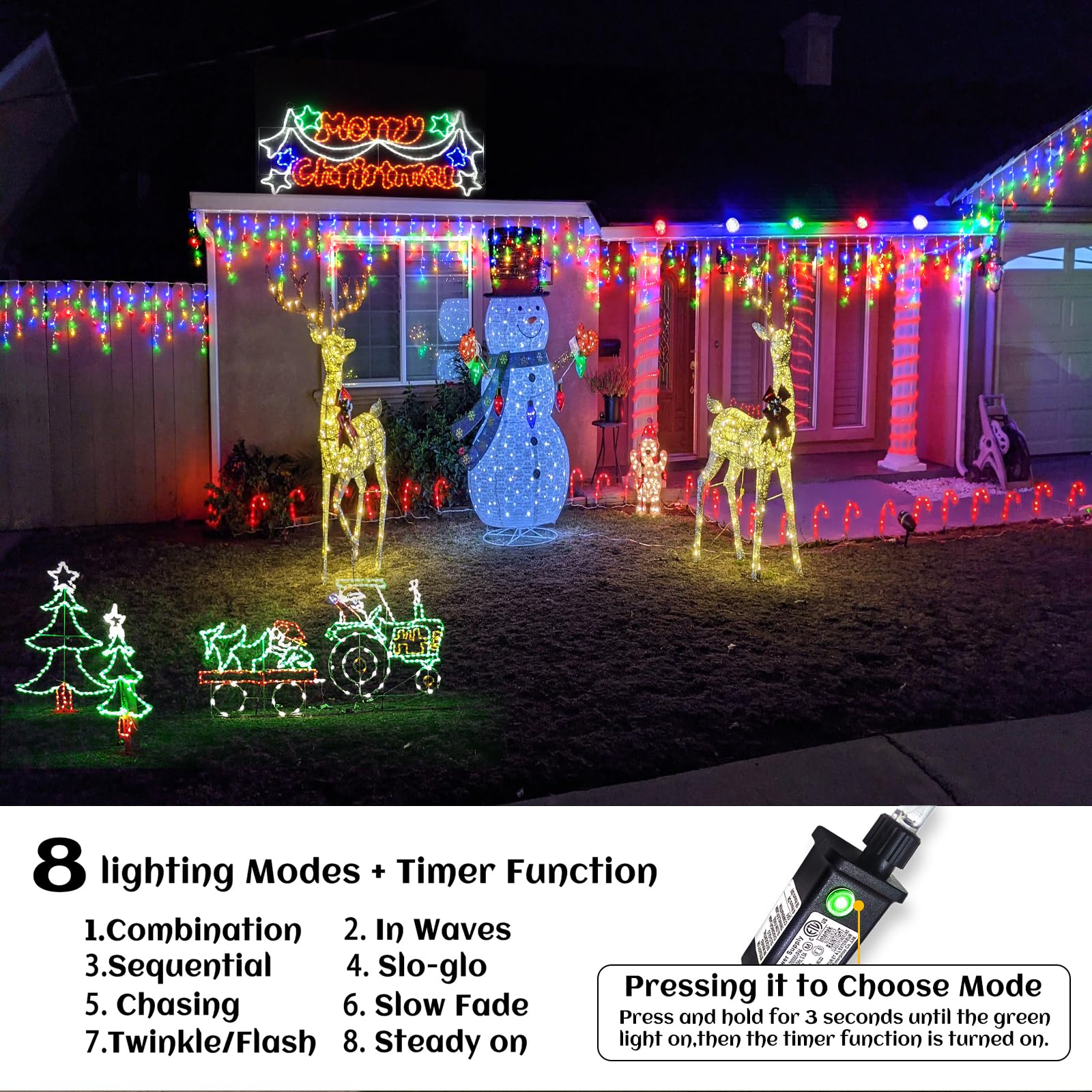 Icicle Lights Outdoor - 66Ft Christmas Lights With 640Led 120 Drops 8 Modes, Plug In Curtain String Lights Waterproof For Holiday Wedding Party Home Garden Bedroom Indoor Outdoor Decoration,Multicolor