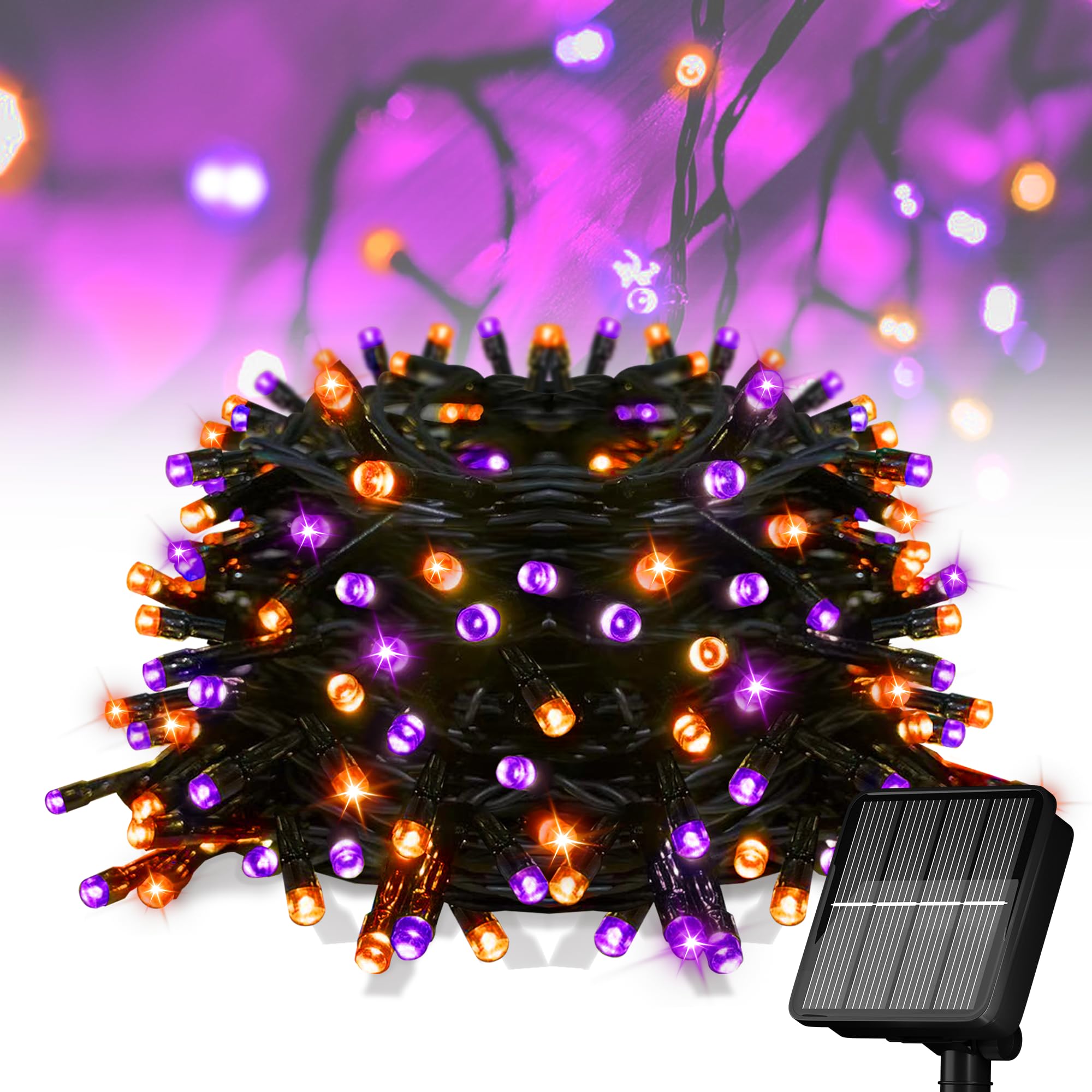 Flechllary Solar Halloween Lights 39FT 100LED Orange & Purple String Lights Halloween Solar Lights Outdoor with 8 Modes Waterproof for Bedroom Patio Garden Party Yard Decoration
