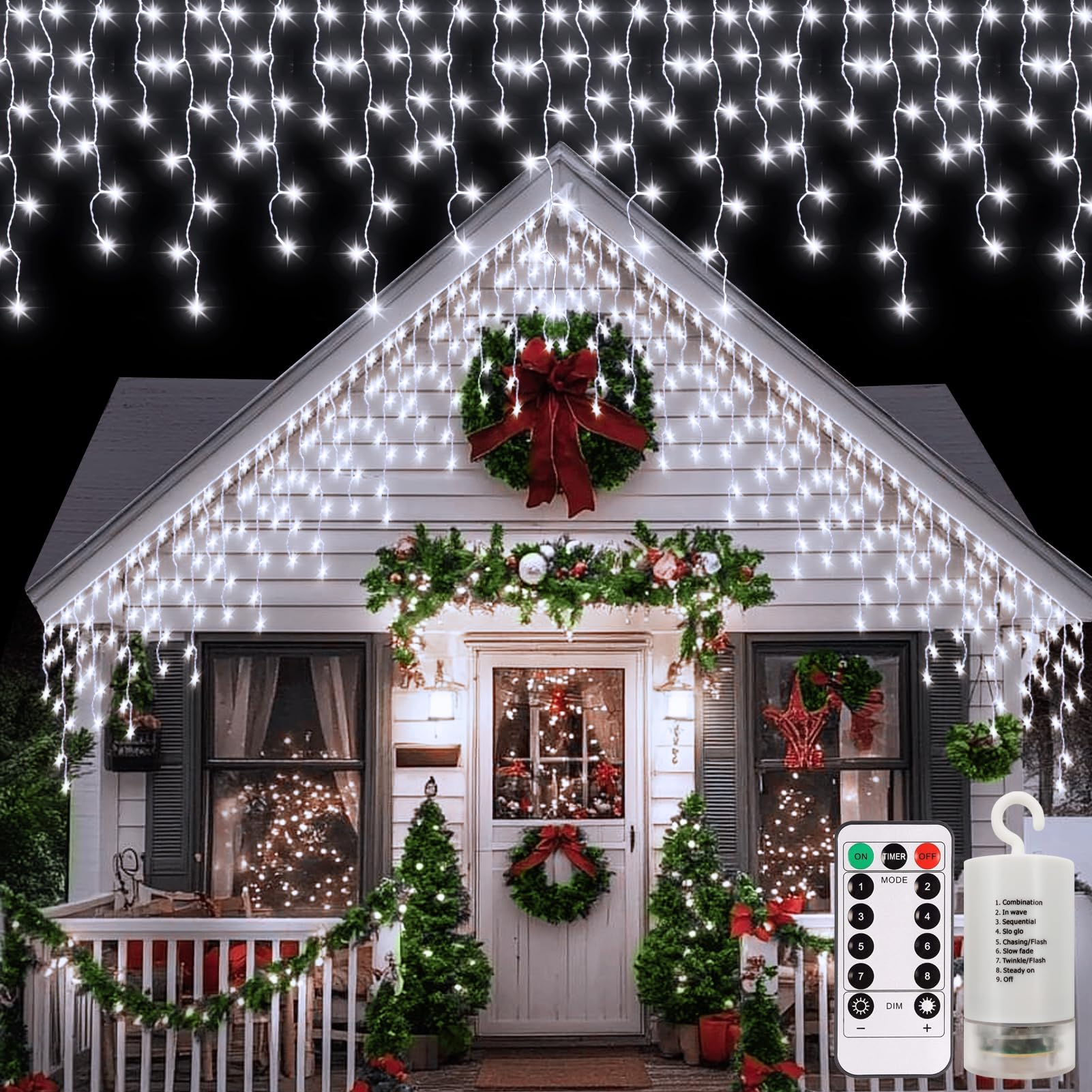 echosari Christmas Icicle Lights Battery Powered, 20Ft 300 LED Icicle Lights Dimmable with 8 Modes Timer Remote for Eaves Porch 