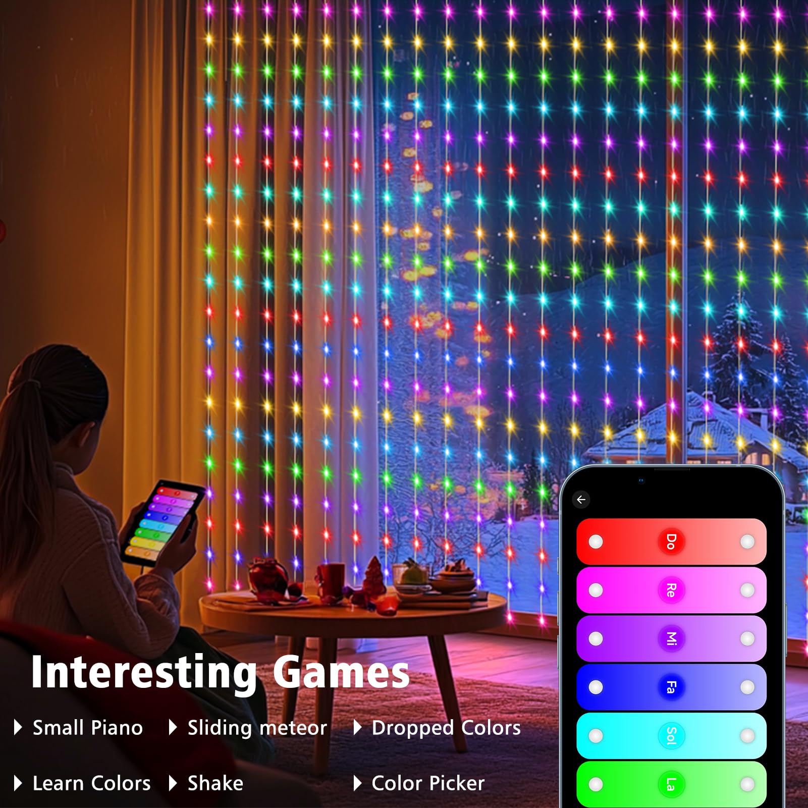 echosari Smart 600 LED Curtain Lights, 20Ft x 10Ft, RGB Color Changing, Alexa & App Control, Model DB600, Perfect for Weddings & Parties