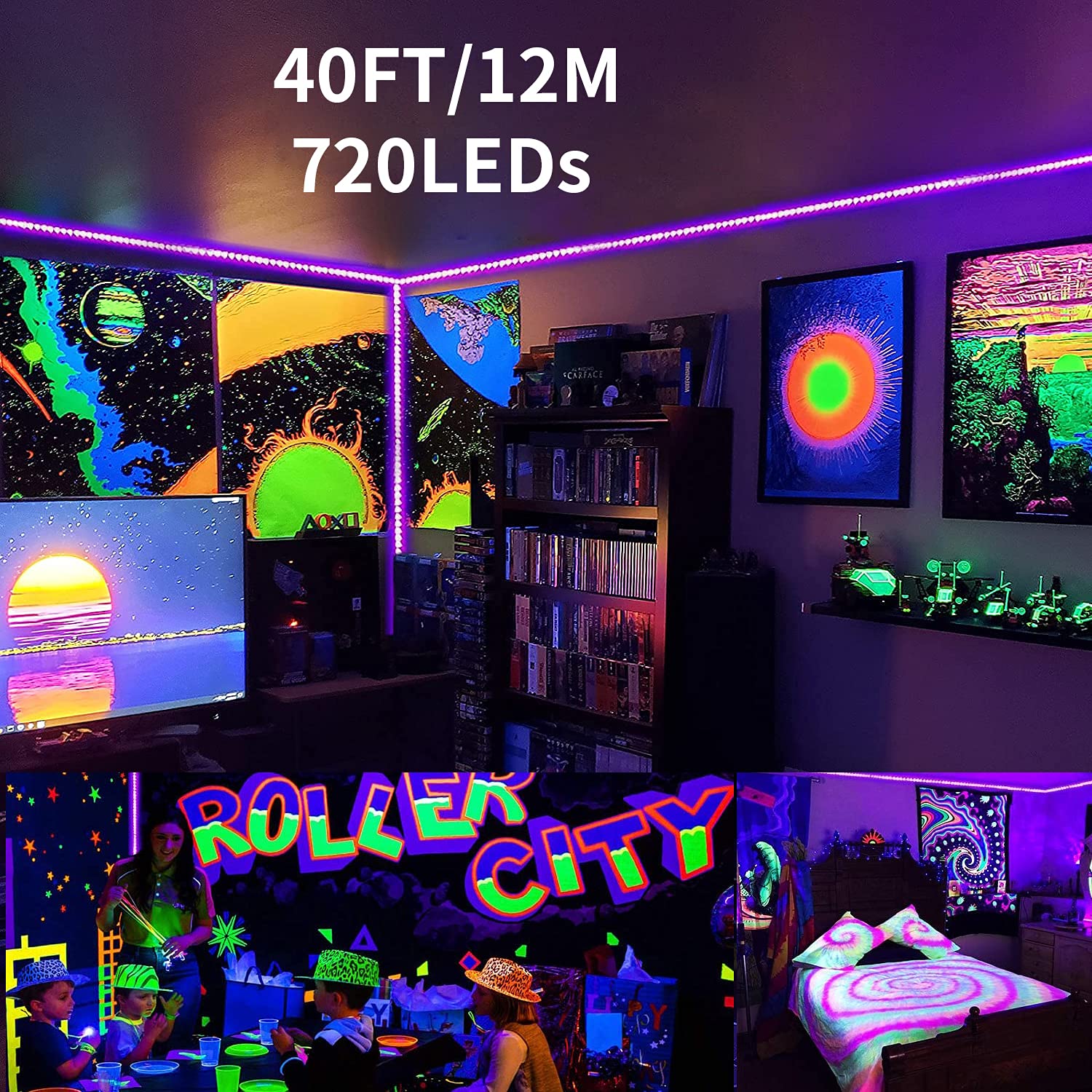 YQNLIFA Black Light Strip, 720 LED, 40FT/12M, Flexible & Adhesive, Model YQ-12, Non-Waterproof Decor