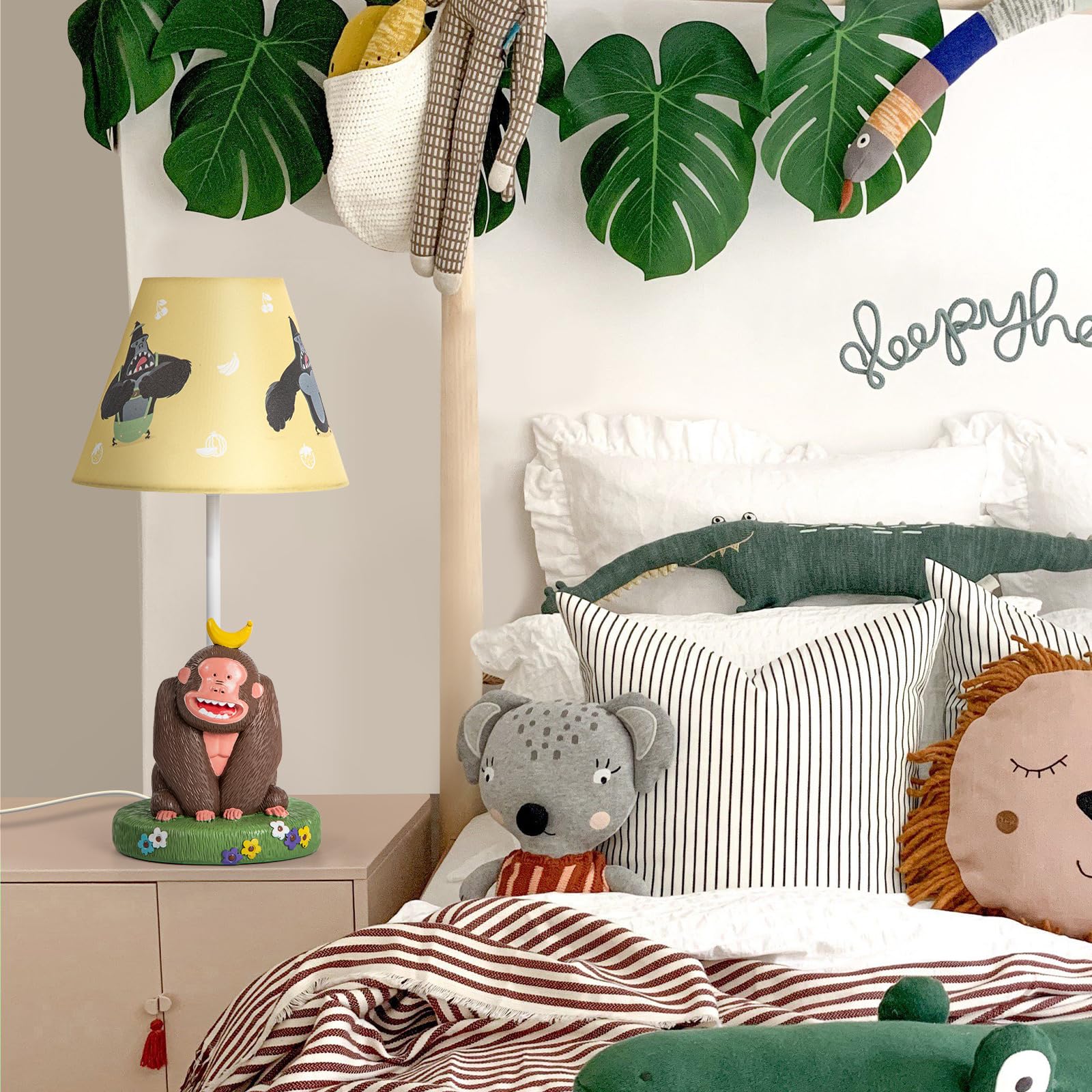 Herbestbay Kids Table Lamp, Adorable Chimpanzees Style Bedside Lamp, 16 Inch Desk Lamp Ideal For Boys Bedroom Decor, Includes Le