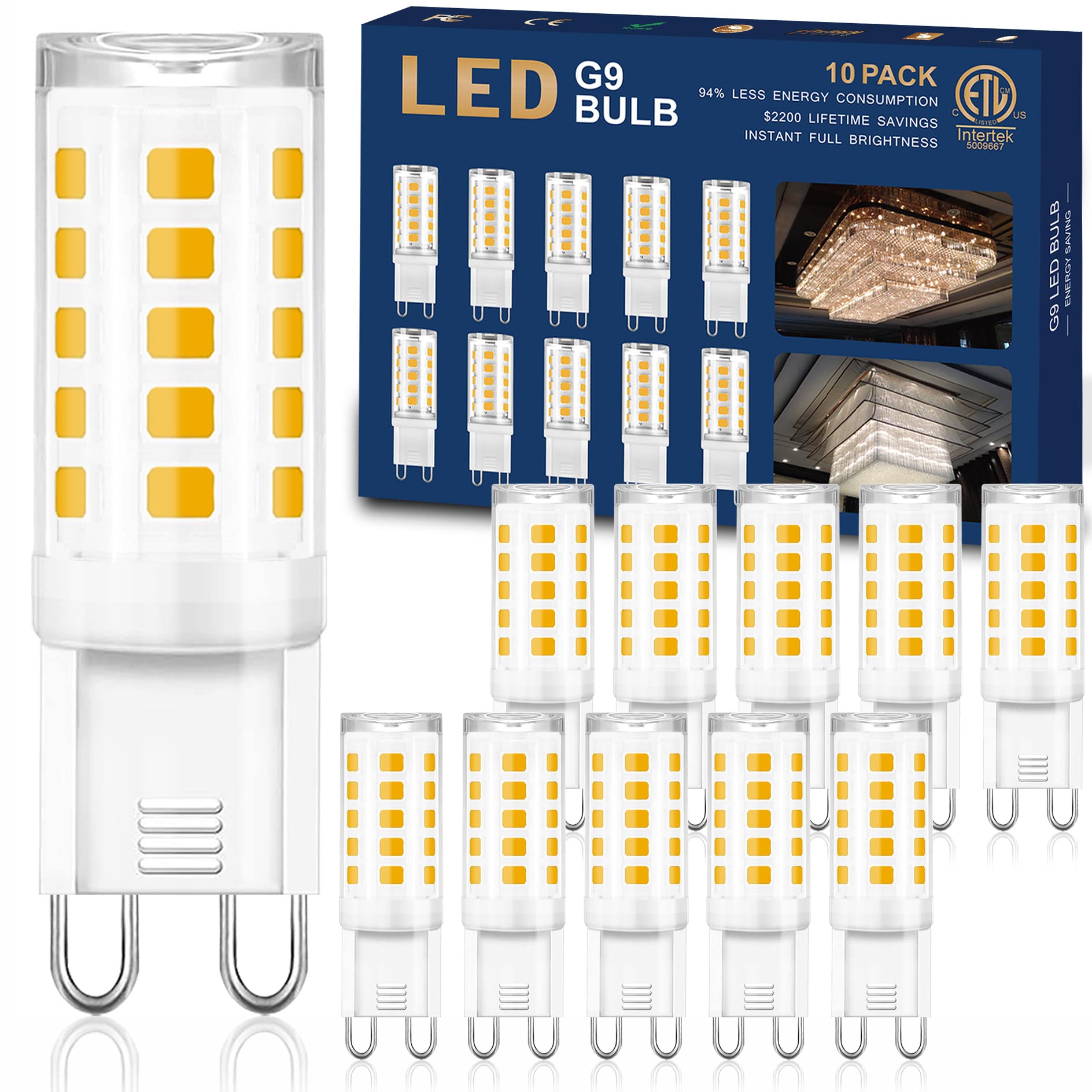 Winshine 10 Pack G9 Led Bulb 3000K Warm White, T4 G9 Light Bulb 4W (40W Halogen Equivalent), T4 G9 Bi Pin Ceramic Base 360Beam A