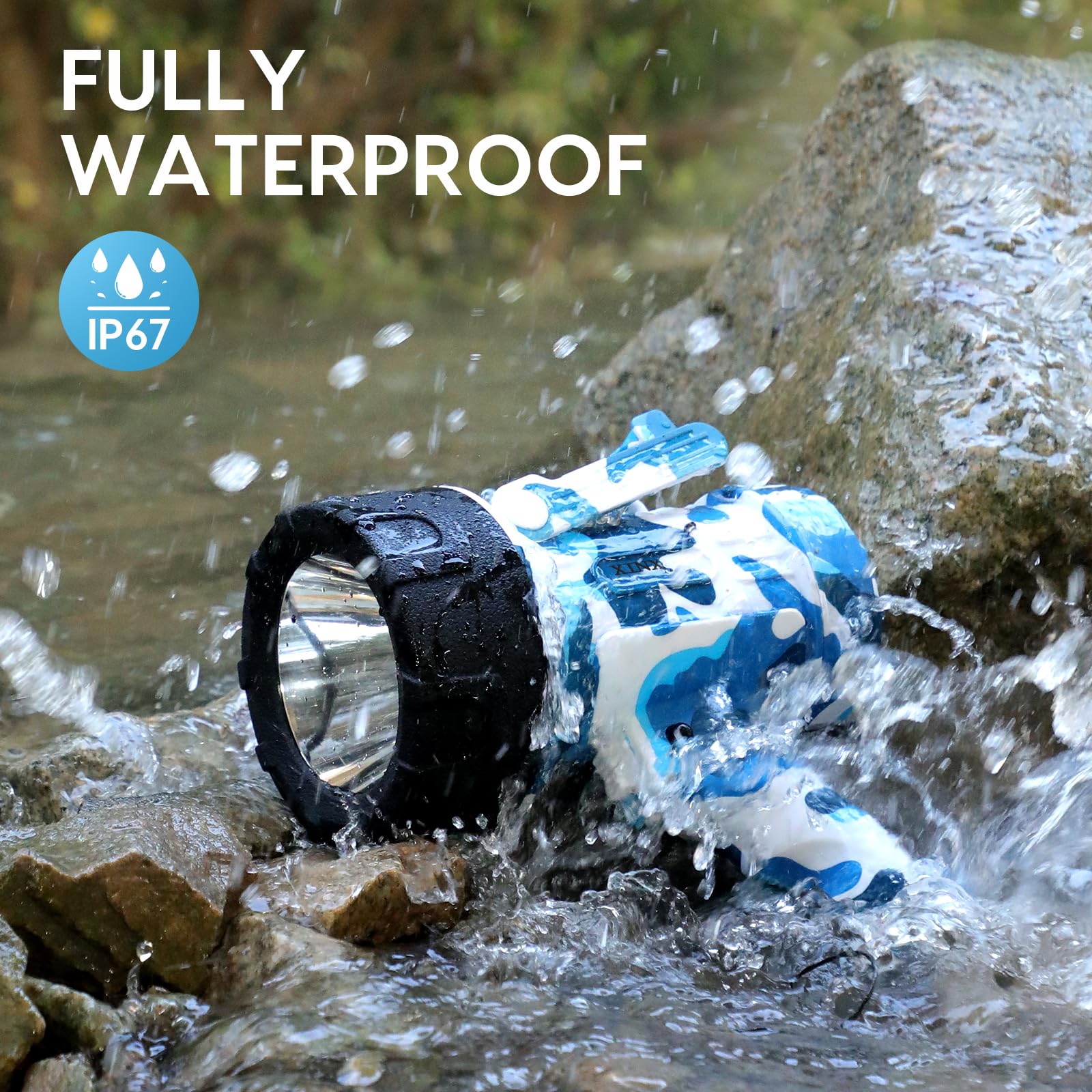 XINXI Rechargeable Spotlight, 1000000 Lumens, 4 Light Modes, USB Charger, IP67 Waterproof, Model X2303b, Camouflage Blue